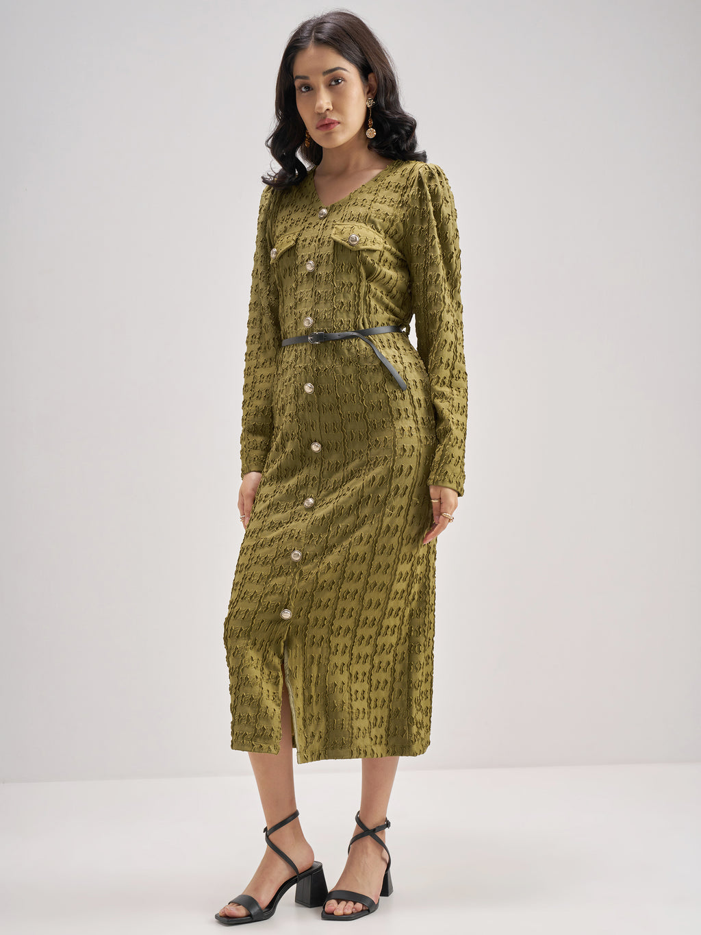 Chic By Tokyo Talkies Women Olive Self Design Shirt Dress - Olive - Image 2