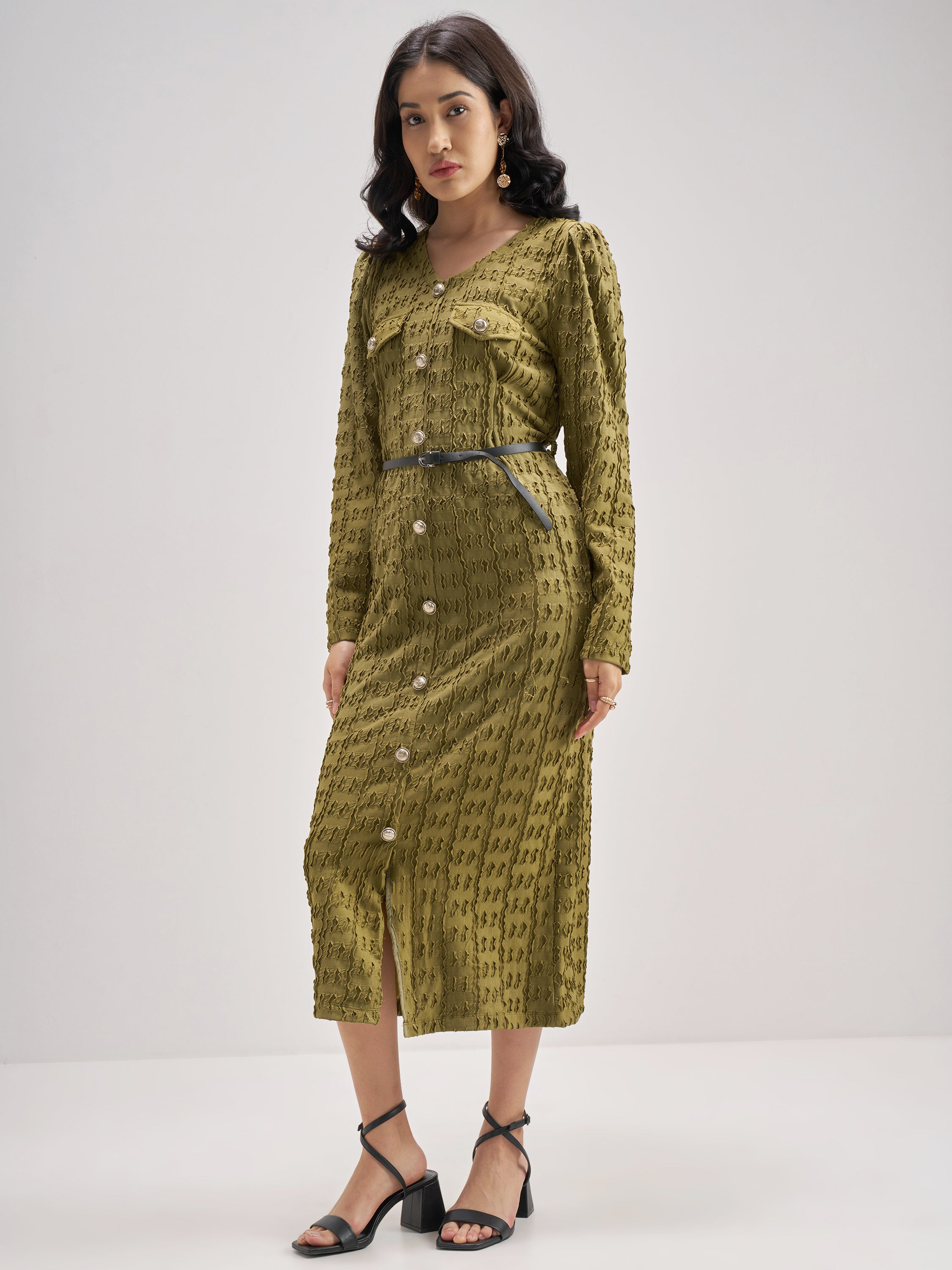 Chic By Tokyo Talkies Women Olive Self Design Shirt Dress - Olive - Image 2