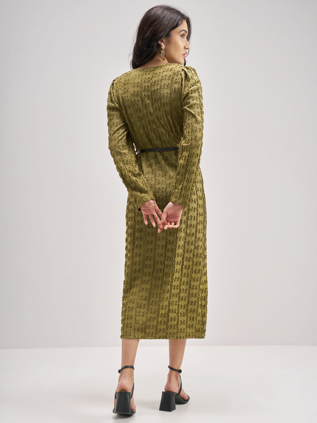 Chic By Tokyo Talkies Women Olive Self Design Shirt Dress - Olive - Image 3