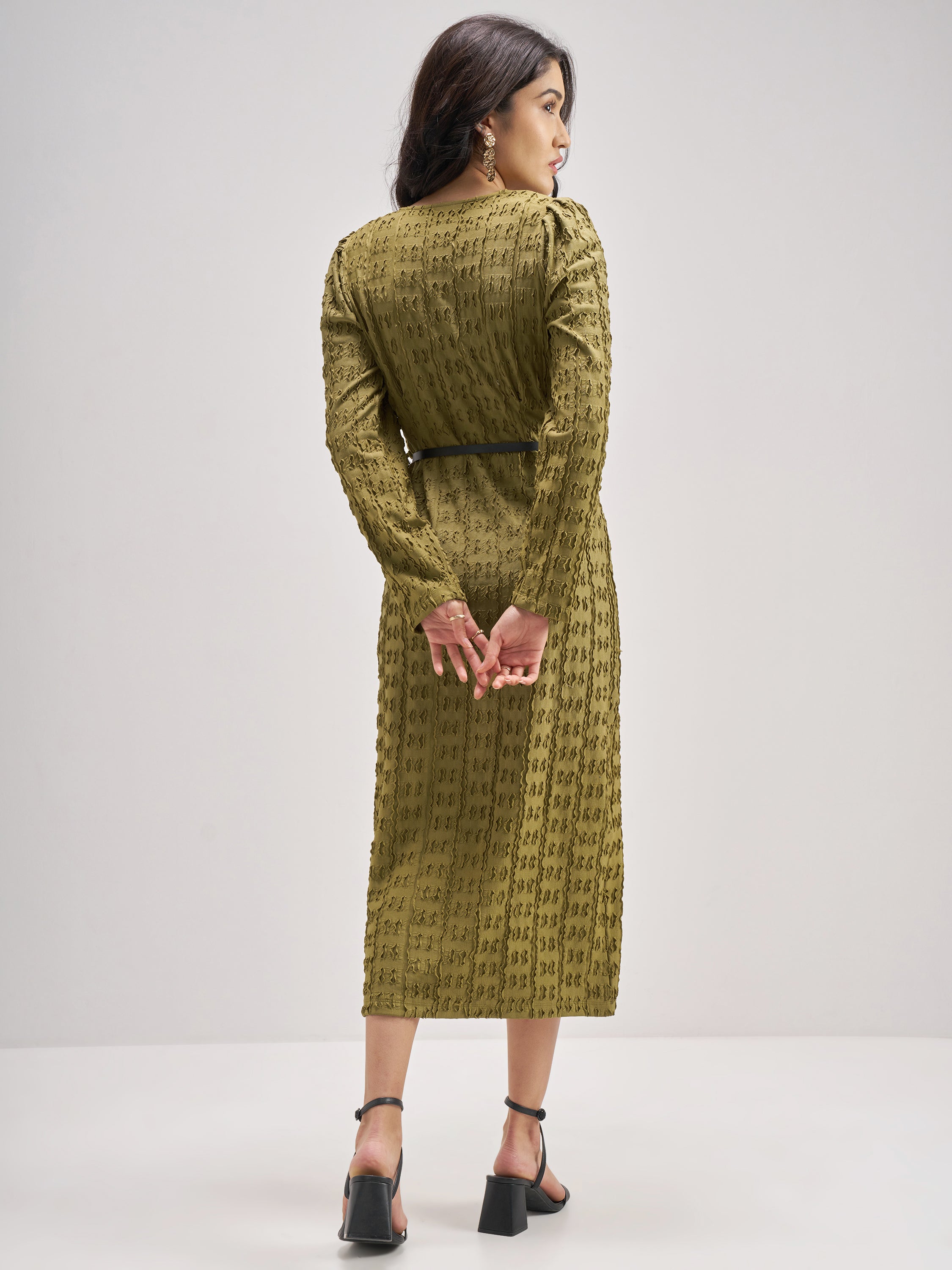 Chic By Tokyo Talkies Women Olive Self Design Shirt Dress - Olive - Image 3