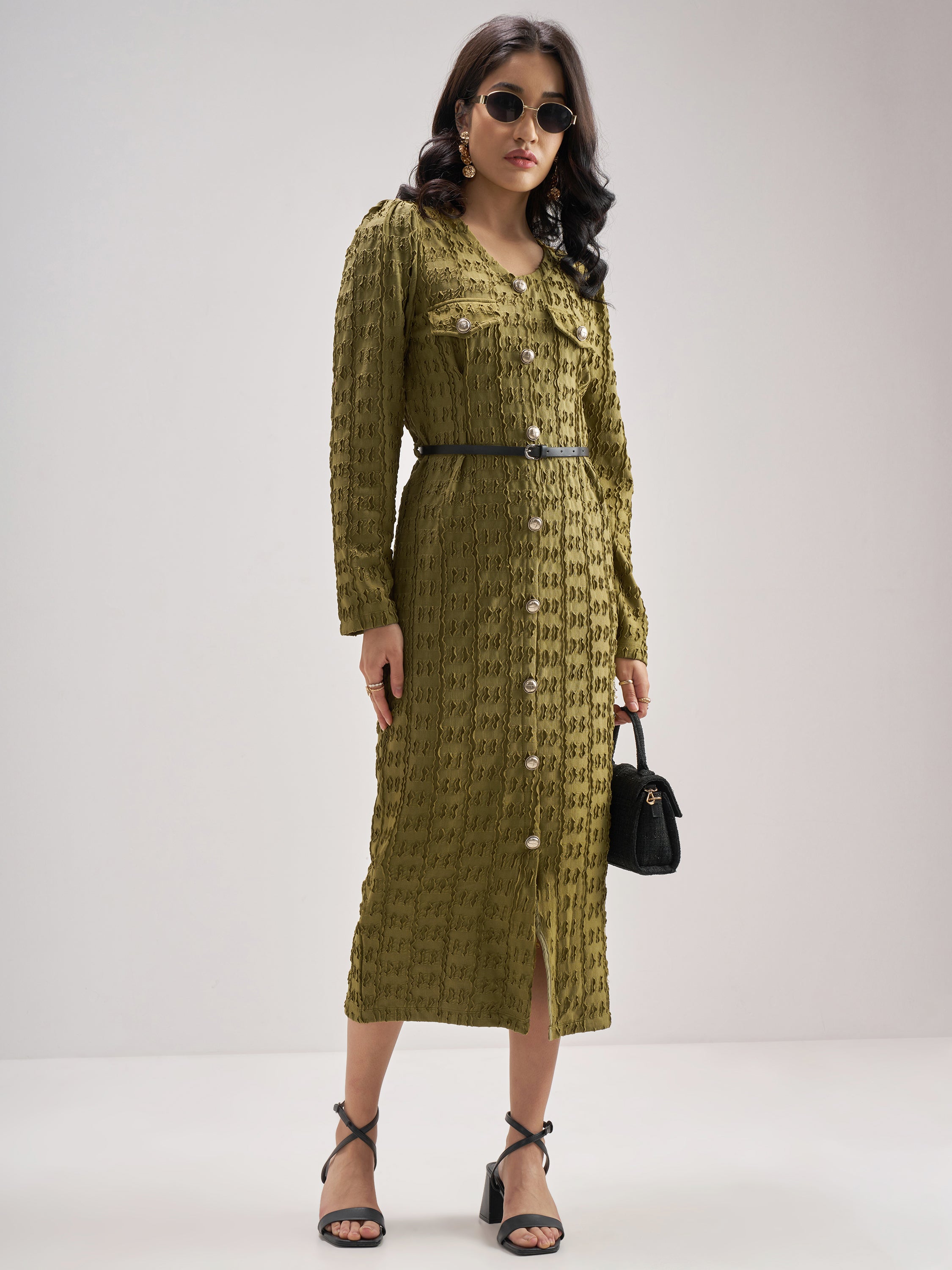 Chic By Tokyo Talkies Women Olive Self Design Shirt Dress - Olive - Image 4