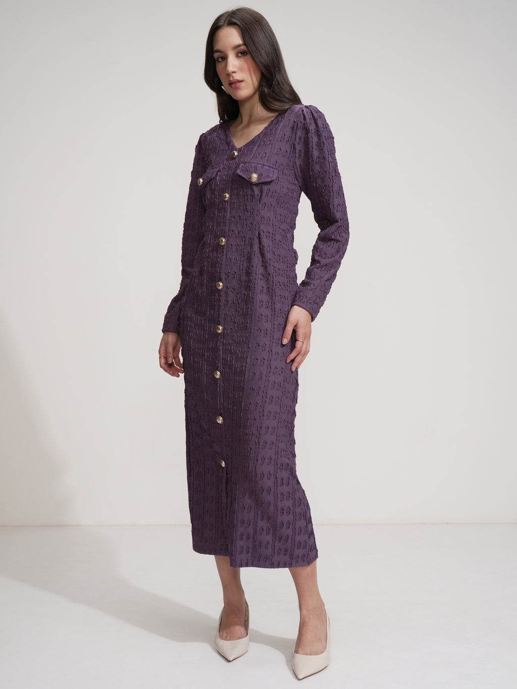 Tokyo Talkies Women Purple Self Design Maxi Dress - Purple - Image 4
