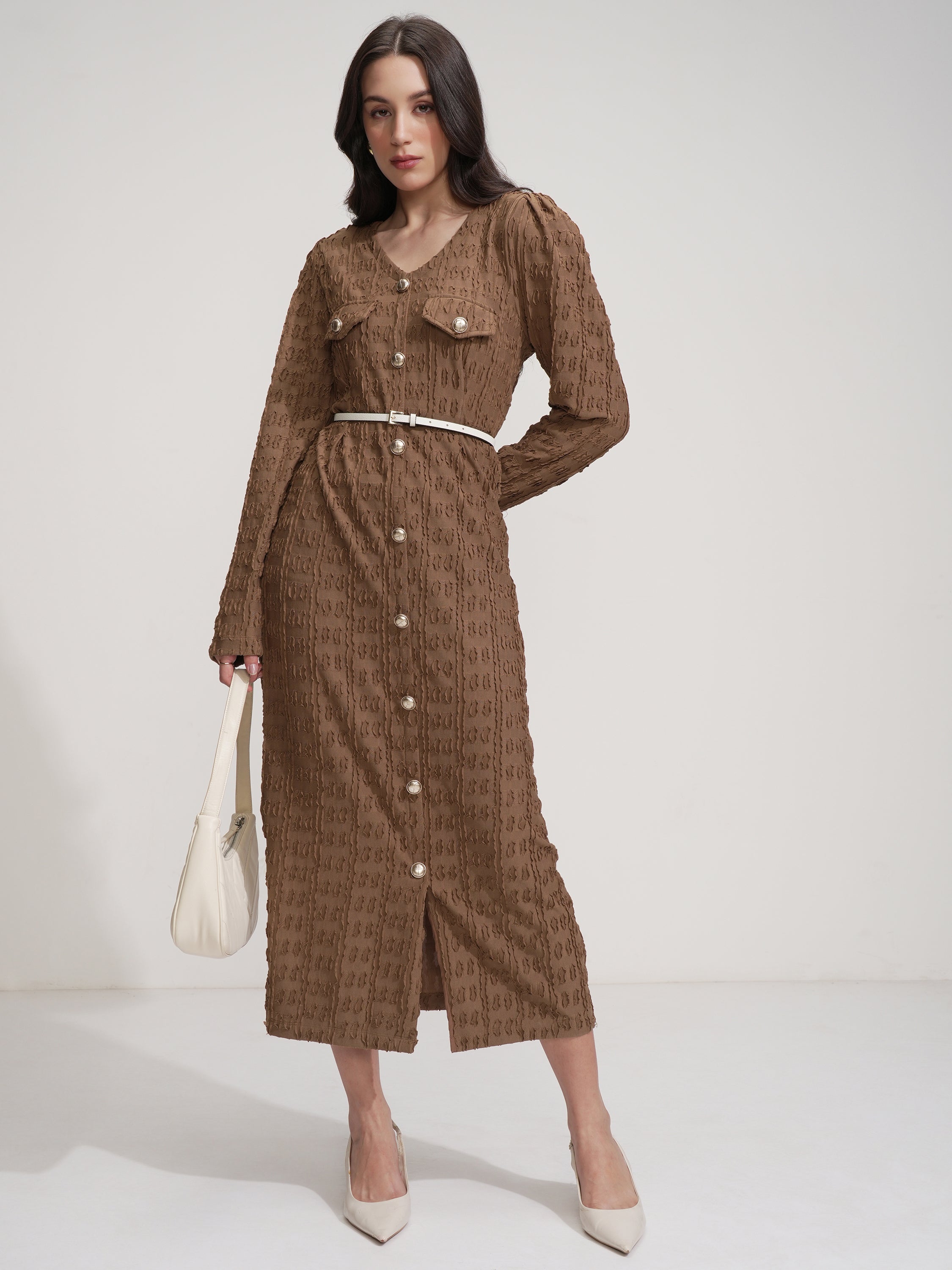 Tokyo Talkies Women Brown Self Design Maxi Dress - Brown - Image 2