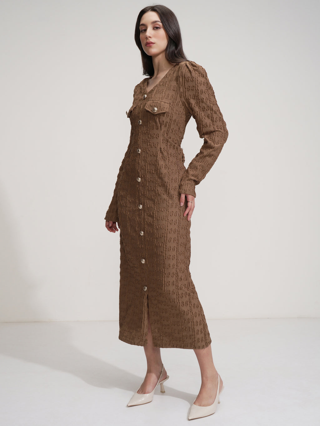Tokyo Talkies Women Brown Self Design Maxi Dress - Brown - Image 4