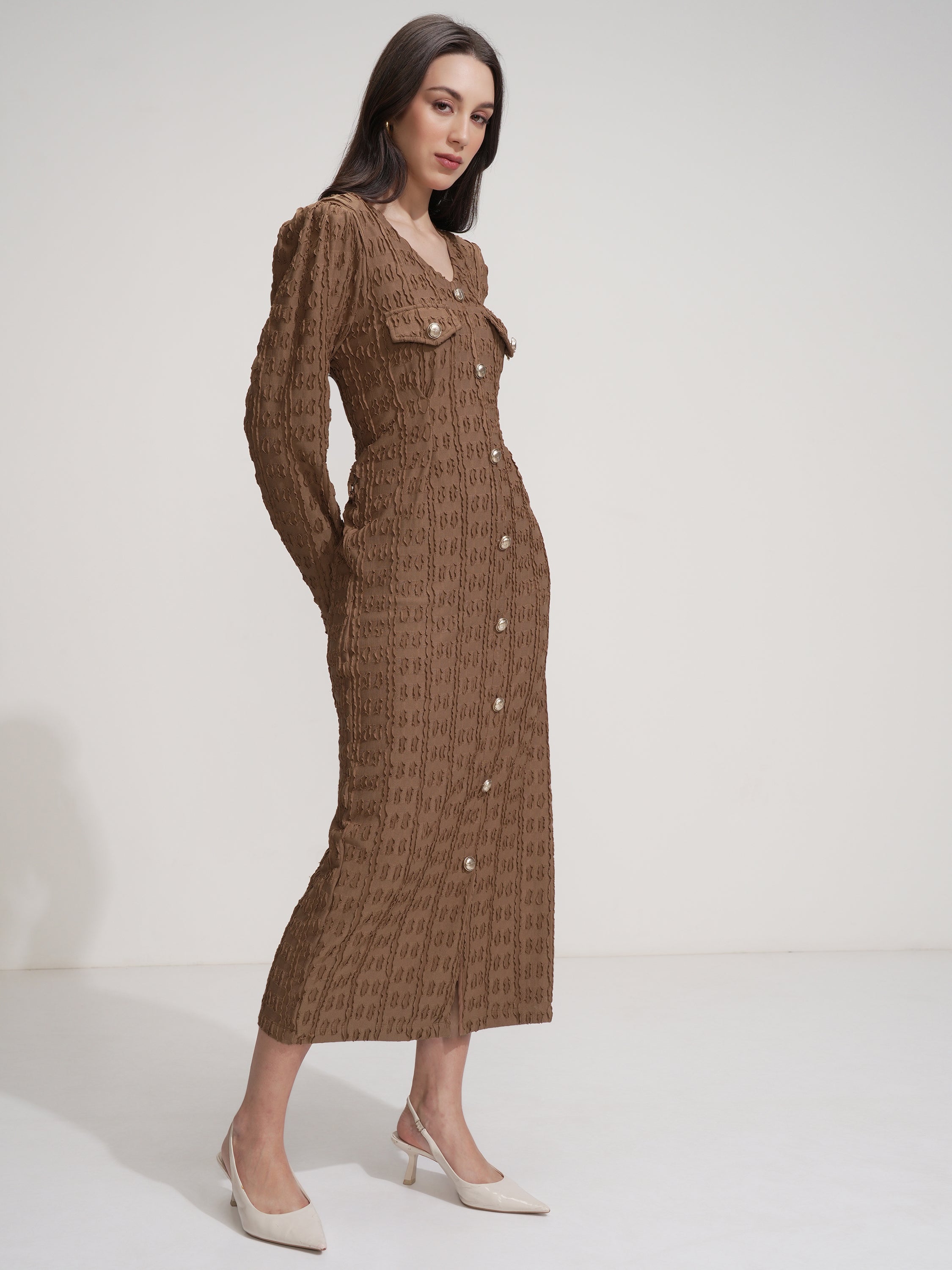 Tokyo Talkies Women Brown Self Design Maxi Dress - Brown - Image 6