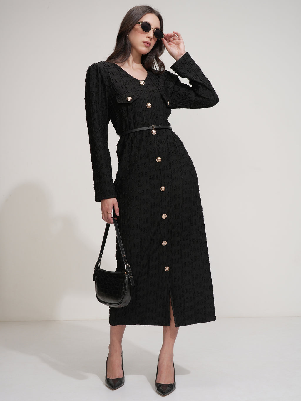 Tokyo Talkies Women Black Self Design Maxi Dress - Black - Image 2