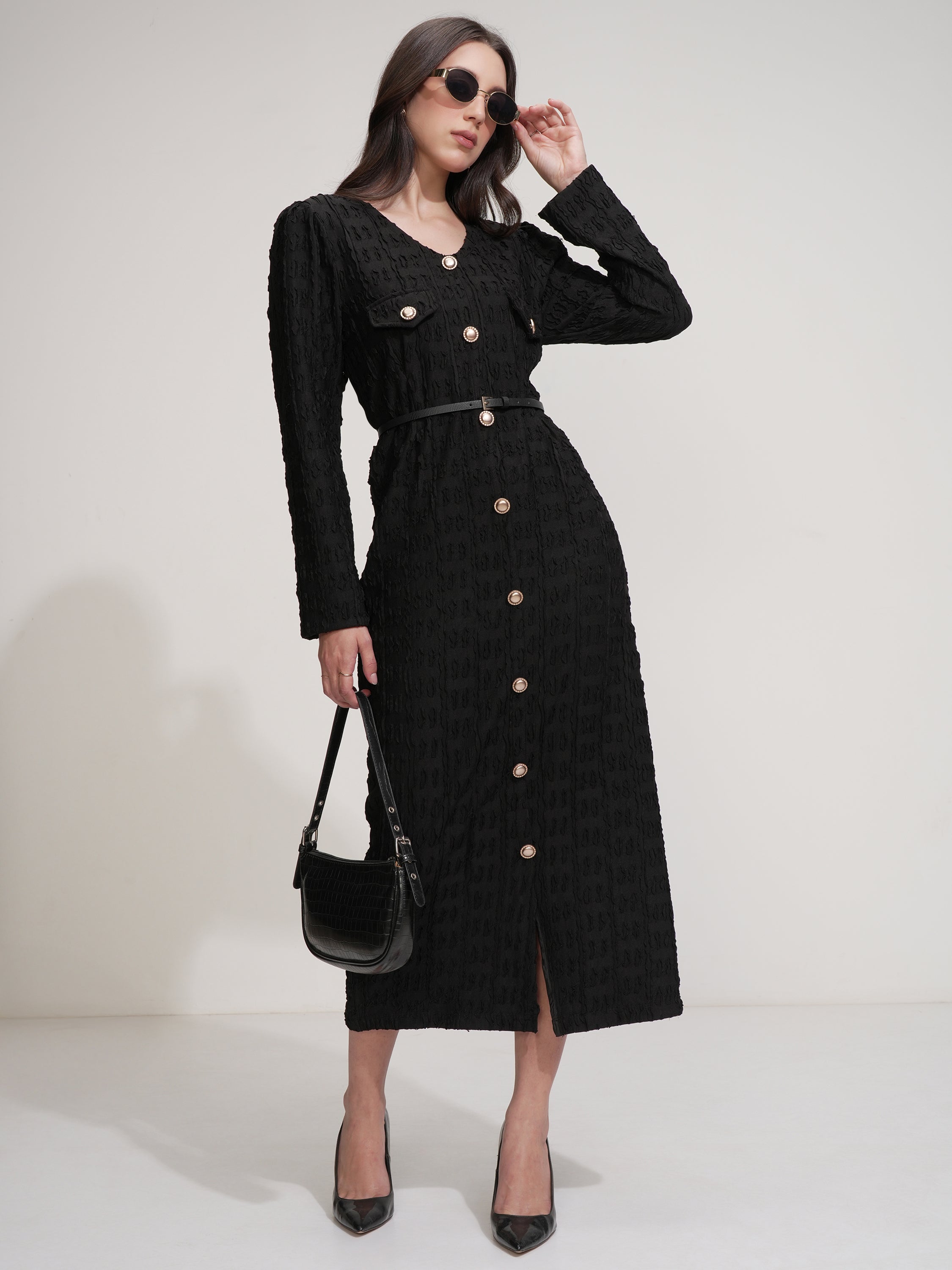 Tokyo Talkies Women Black Self Design Maxi Dress - Black - Image 2