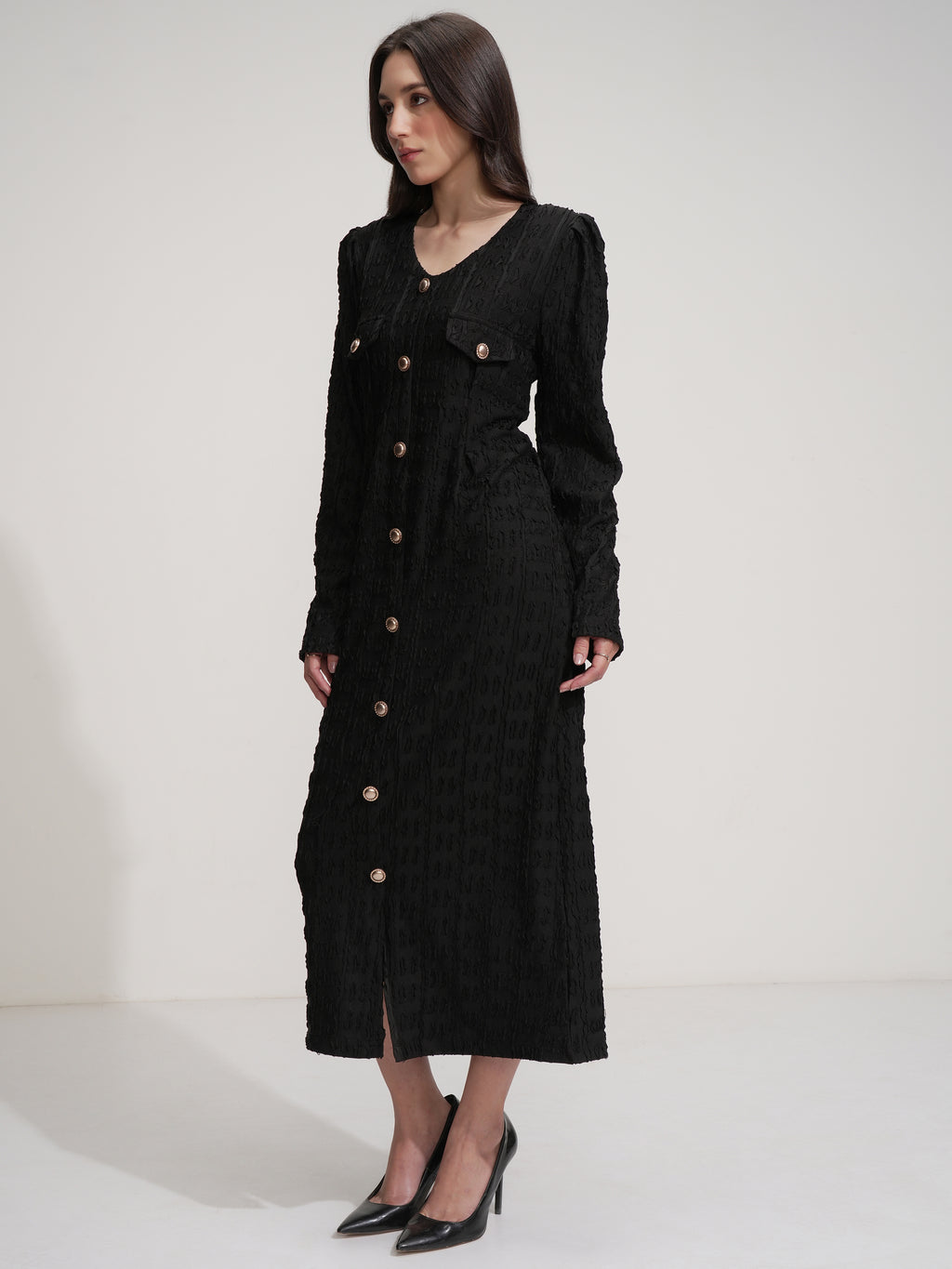 Tokyo Talkies Women Black Self Design Maxi Dress - Black - Image 4