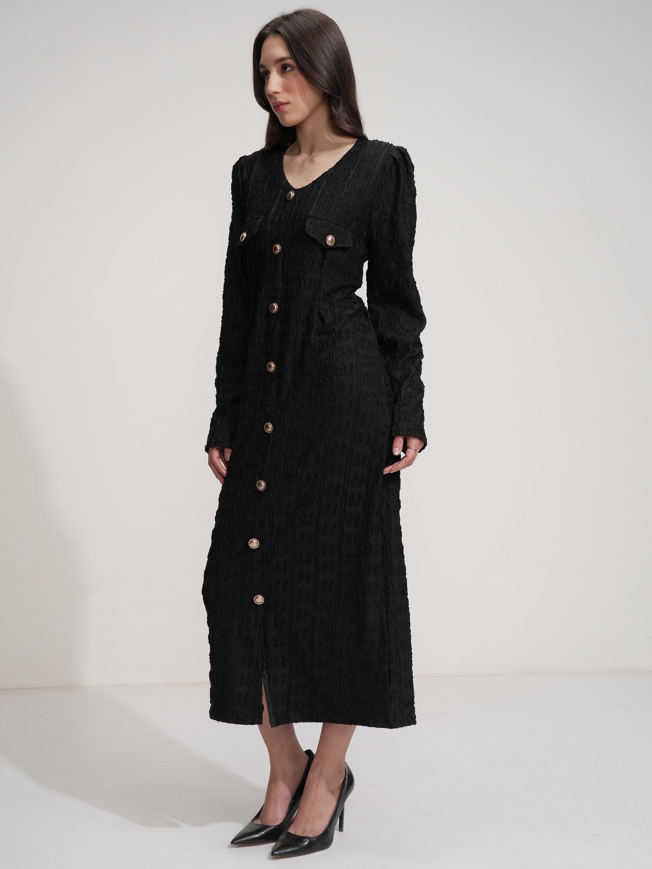 Tokyo Talkies Women Black Self Design Maxi Dress - Black - Image 4
