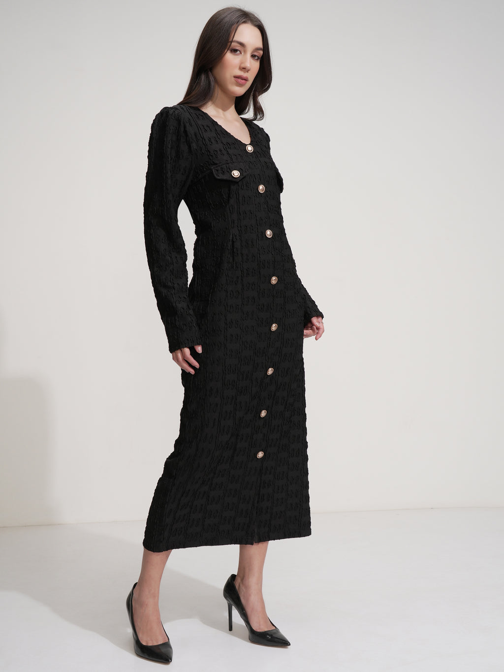 Tokyo Talkies Women Black Self Design Maxi Dress - Black - Image 6