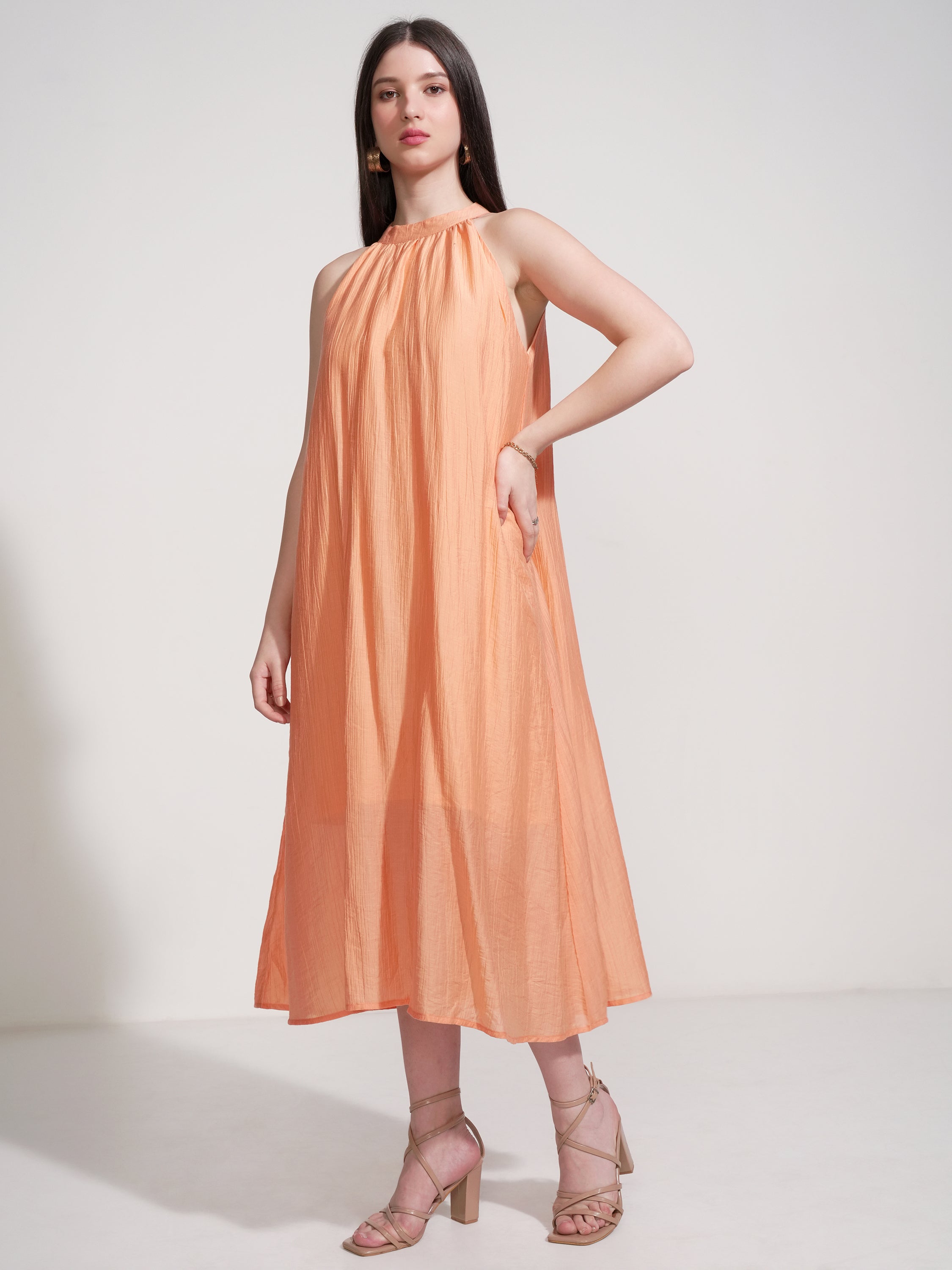 Tokyo Talkies Women Orange Self Design Maxi Dress - Orange - Image 4