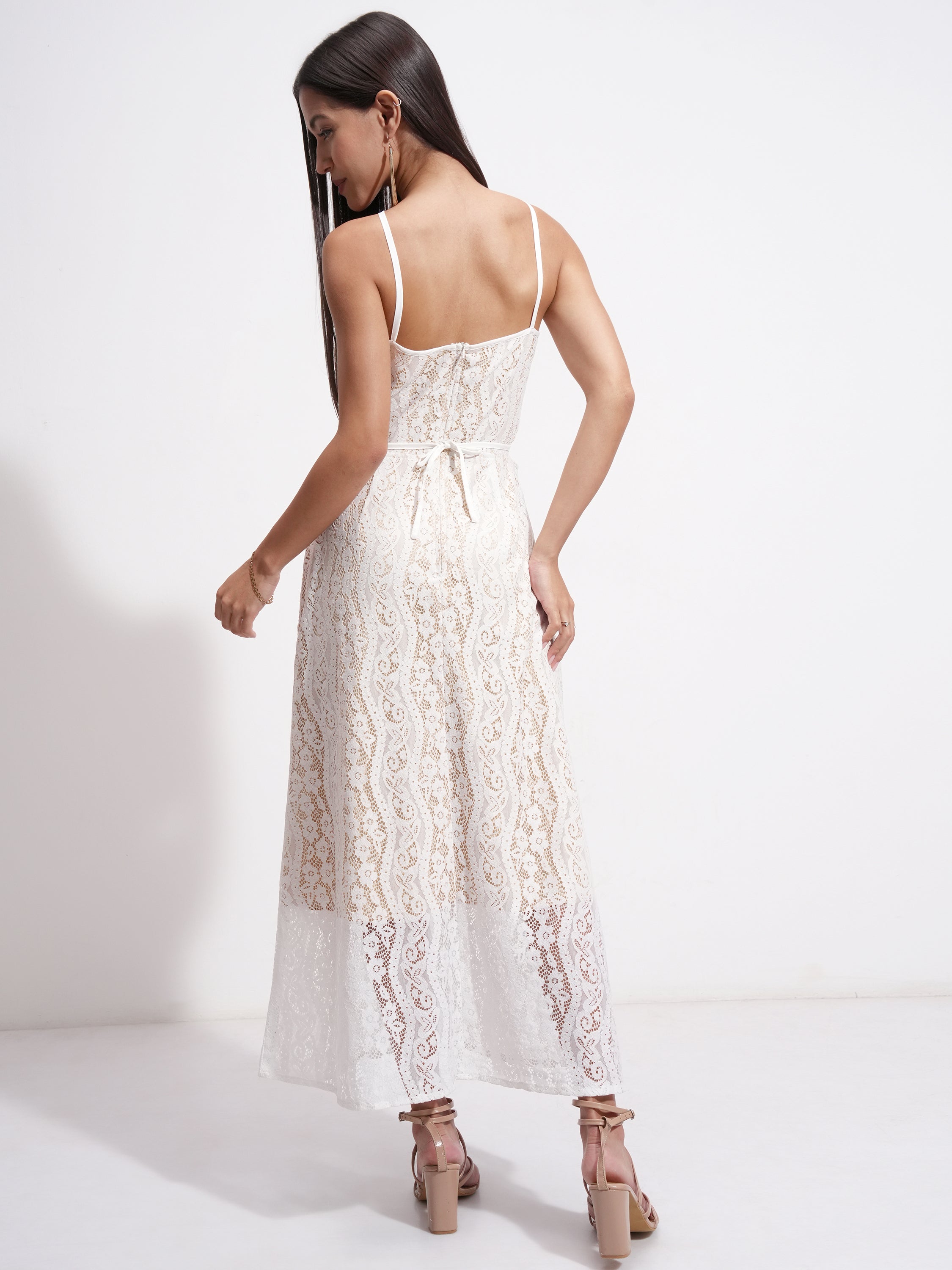 Tokyo Talkies Women White Self Design Maxi Dress - White - Image 3