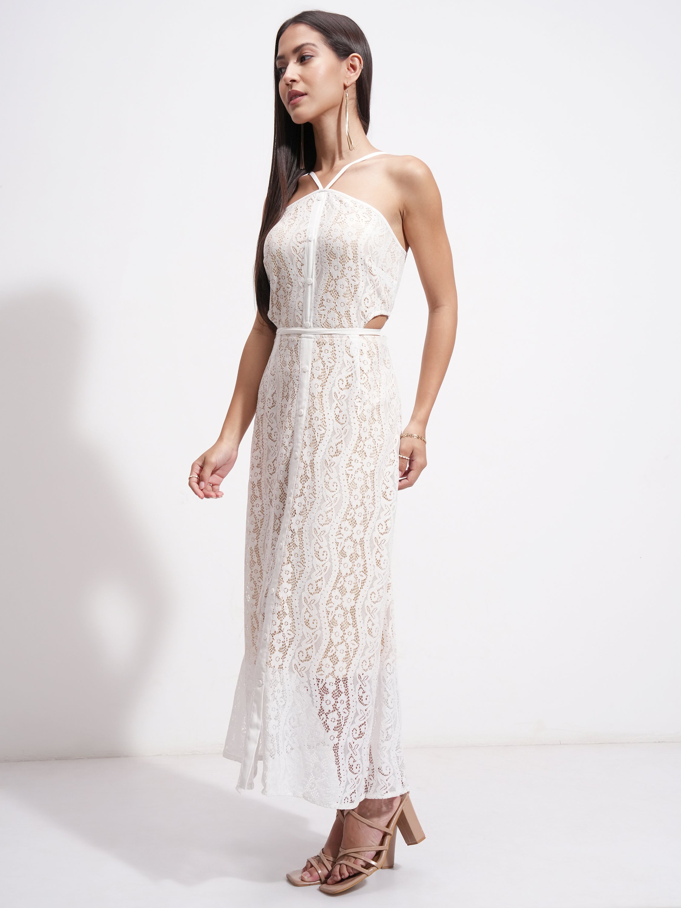Tokyo Talkies Women White Self Design Maxi Dress - White - Image 4
