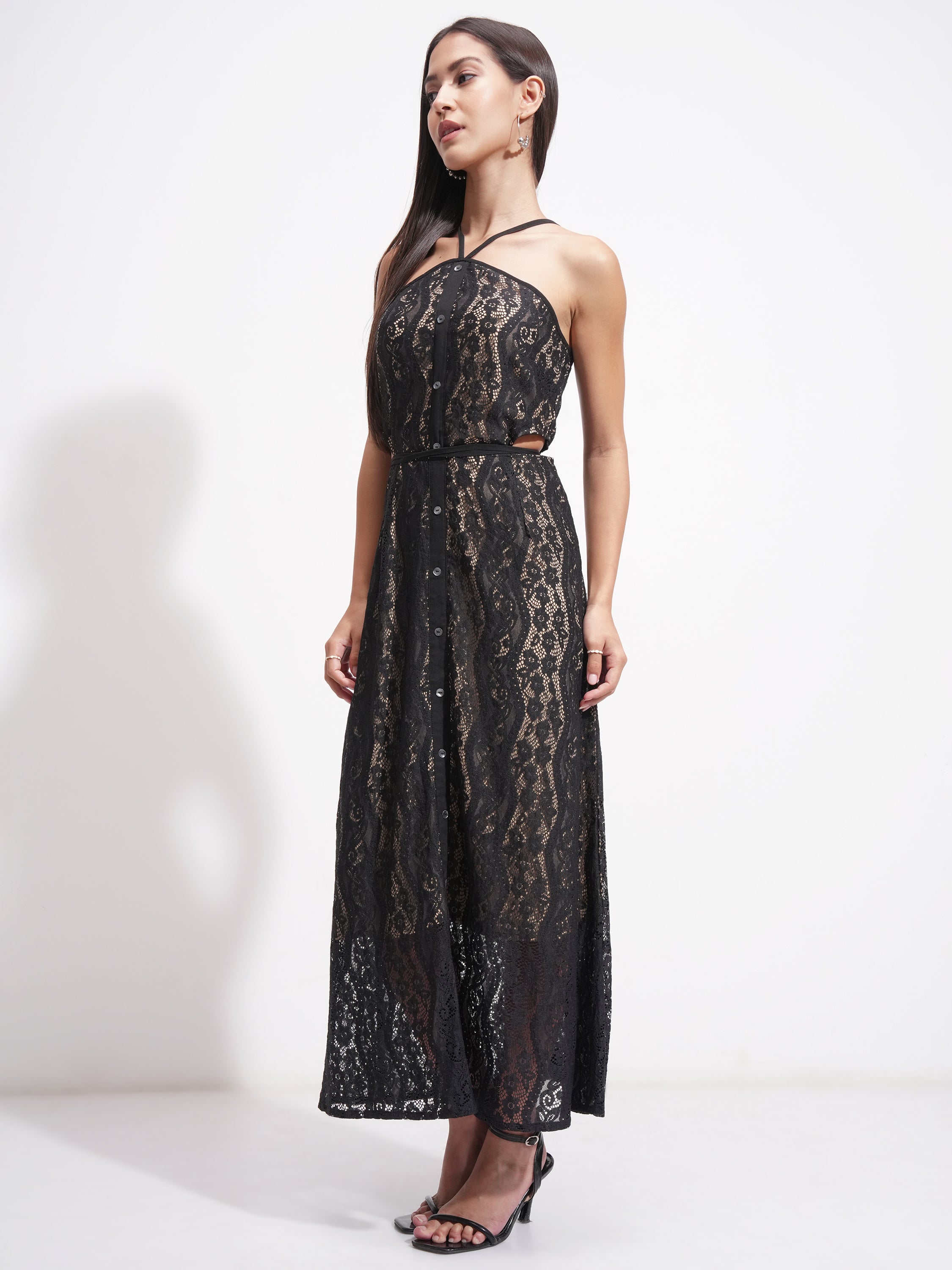 Tokyo Talkies Women Black Self Design Maxi Dress - Black - Image 4