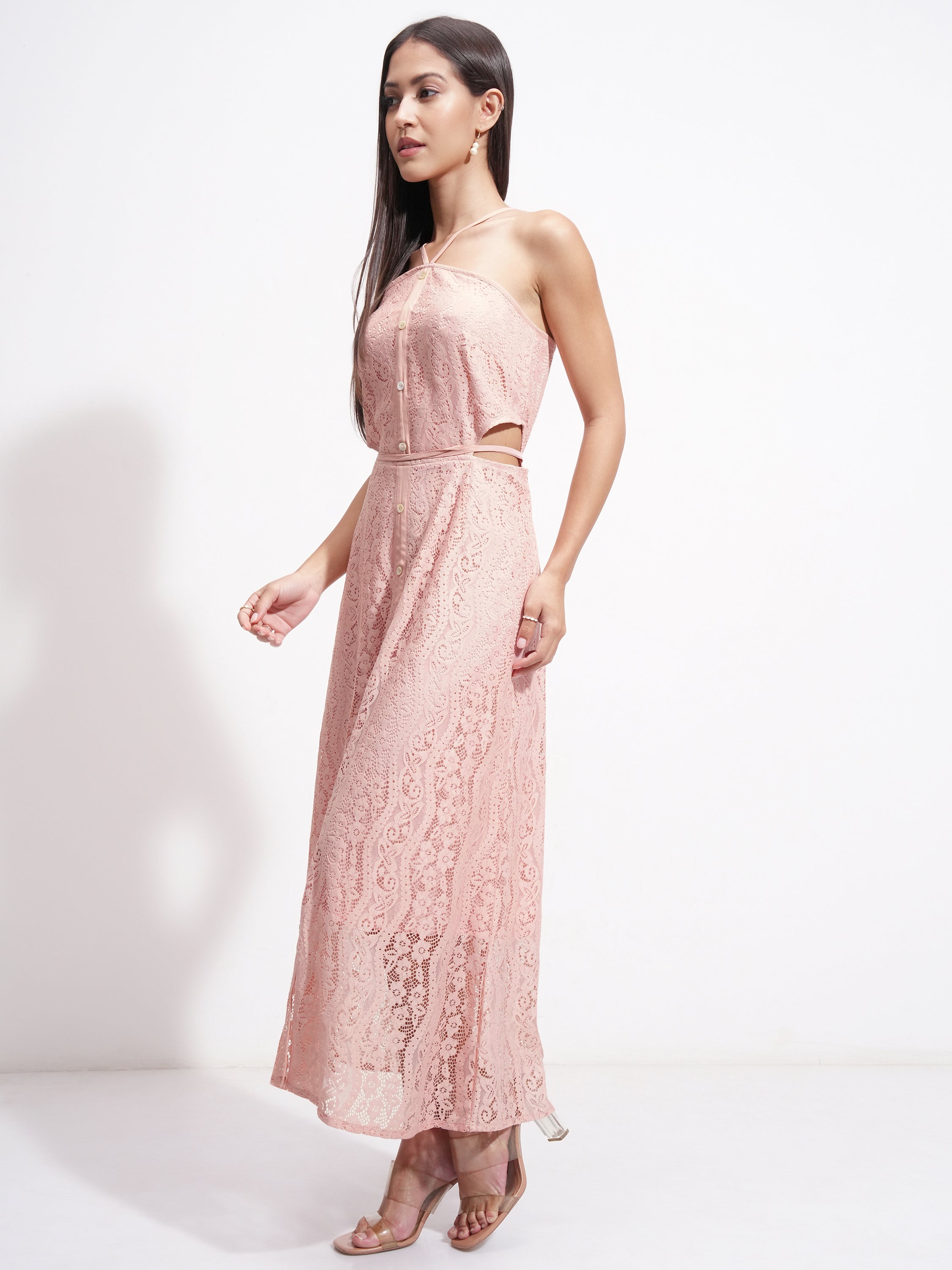 Tokyo Talkies Women Pink Self Design Maxi Dress - Pink - Image 4