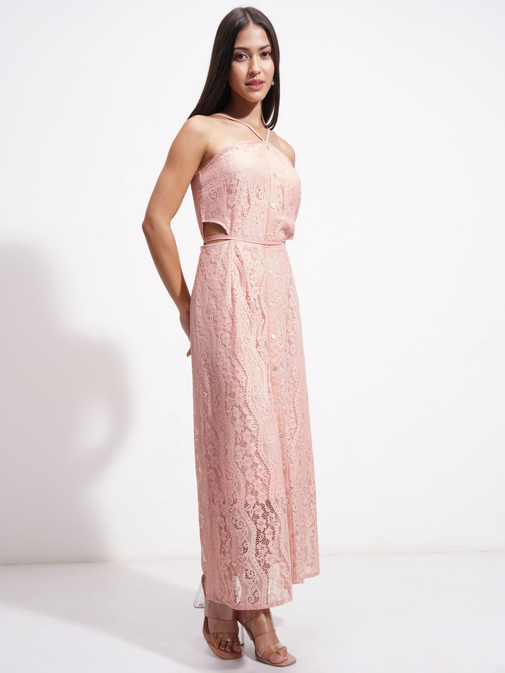 Tokyo Talkies Women Pink Self Design Maxi Dress - Pink - Image 6