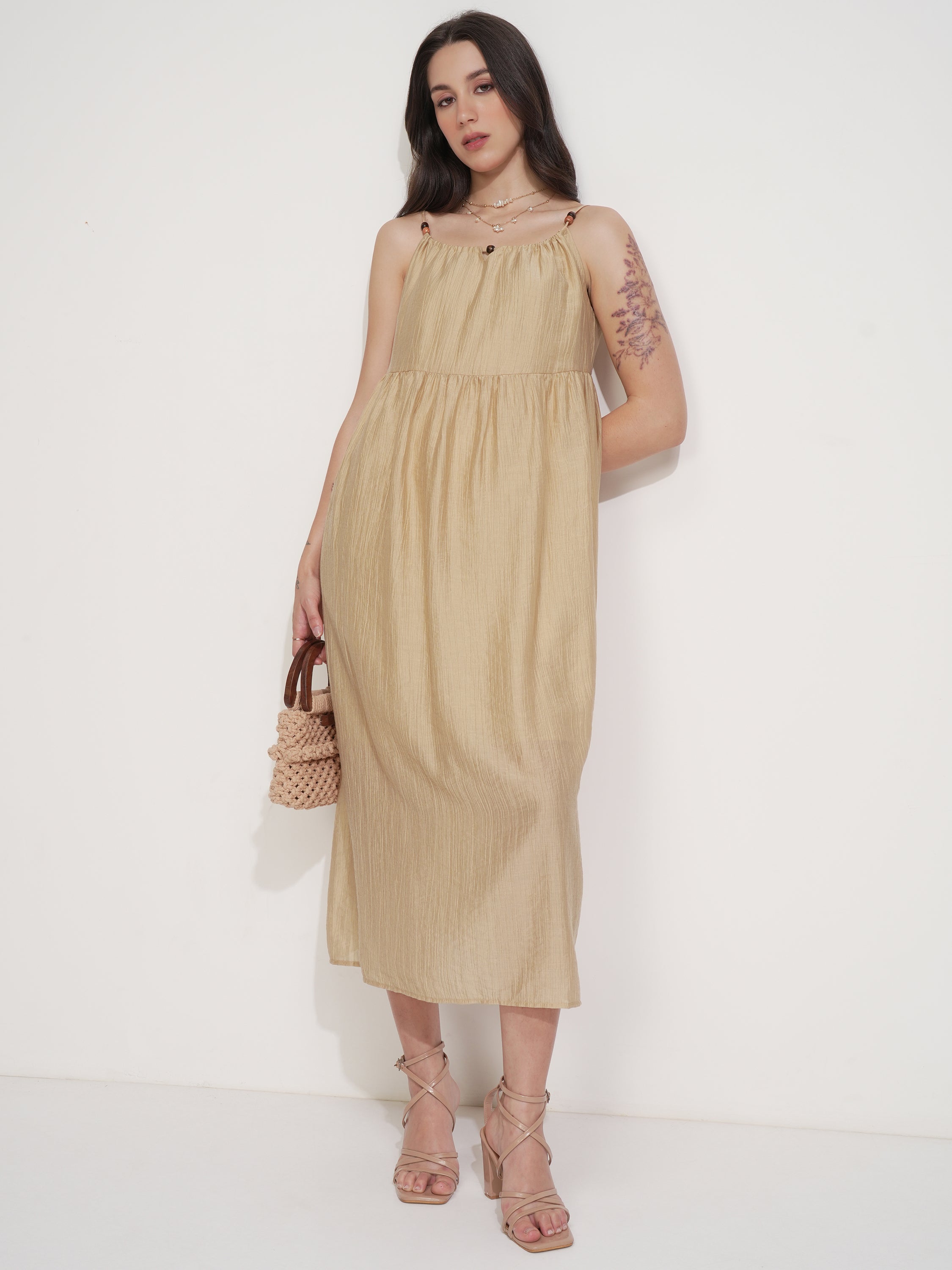 Tokyo Talkies Women Beige Solid Fit And Flare Dress - Beige - Image 2