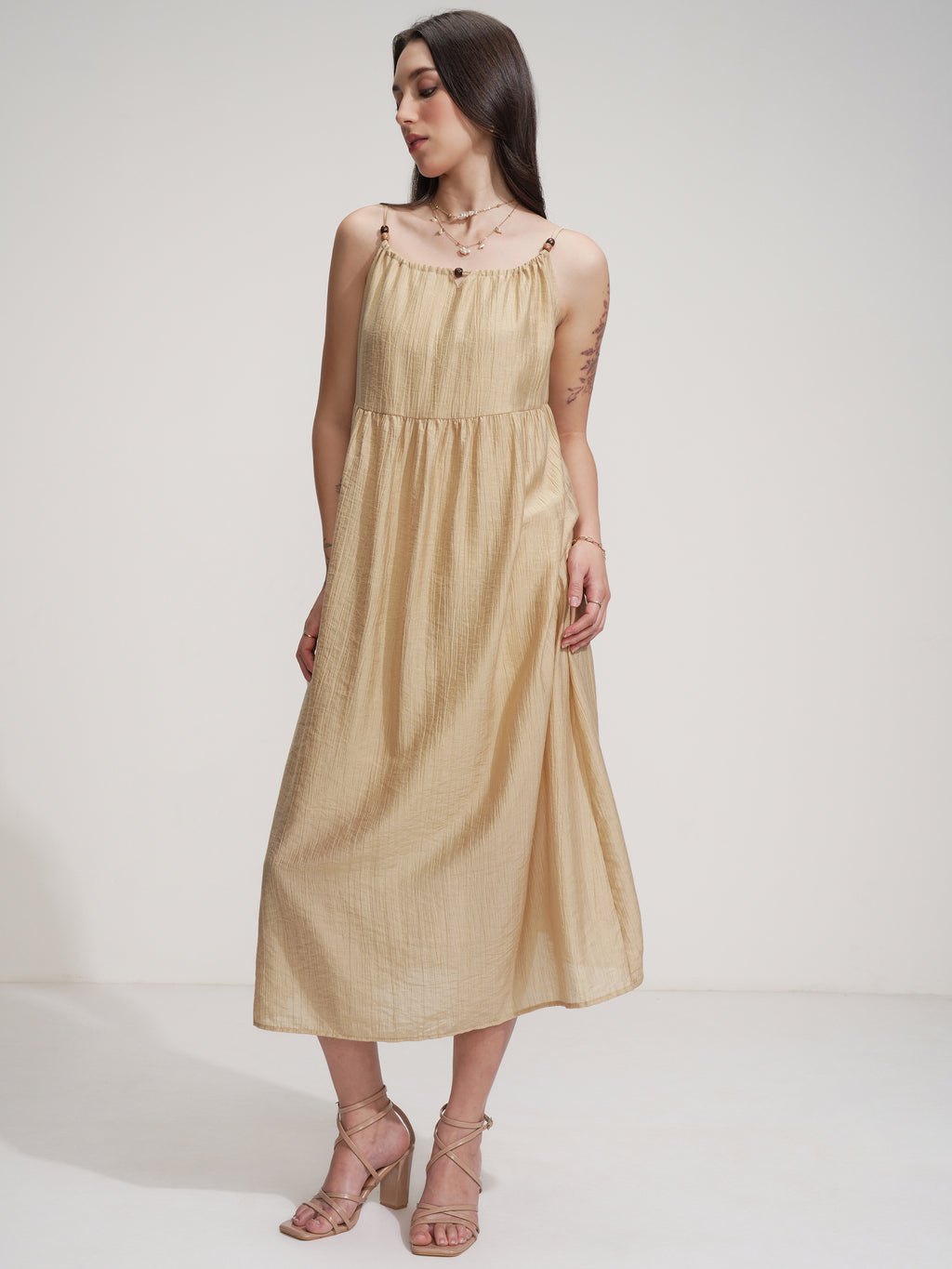 Tokyo Talkies Women Beige Solid Fit And Flare Dress - Beige - Image 4