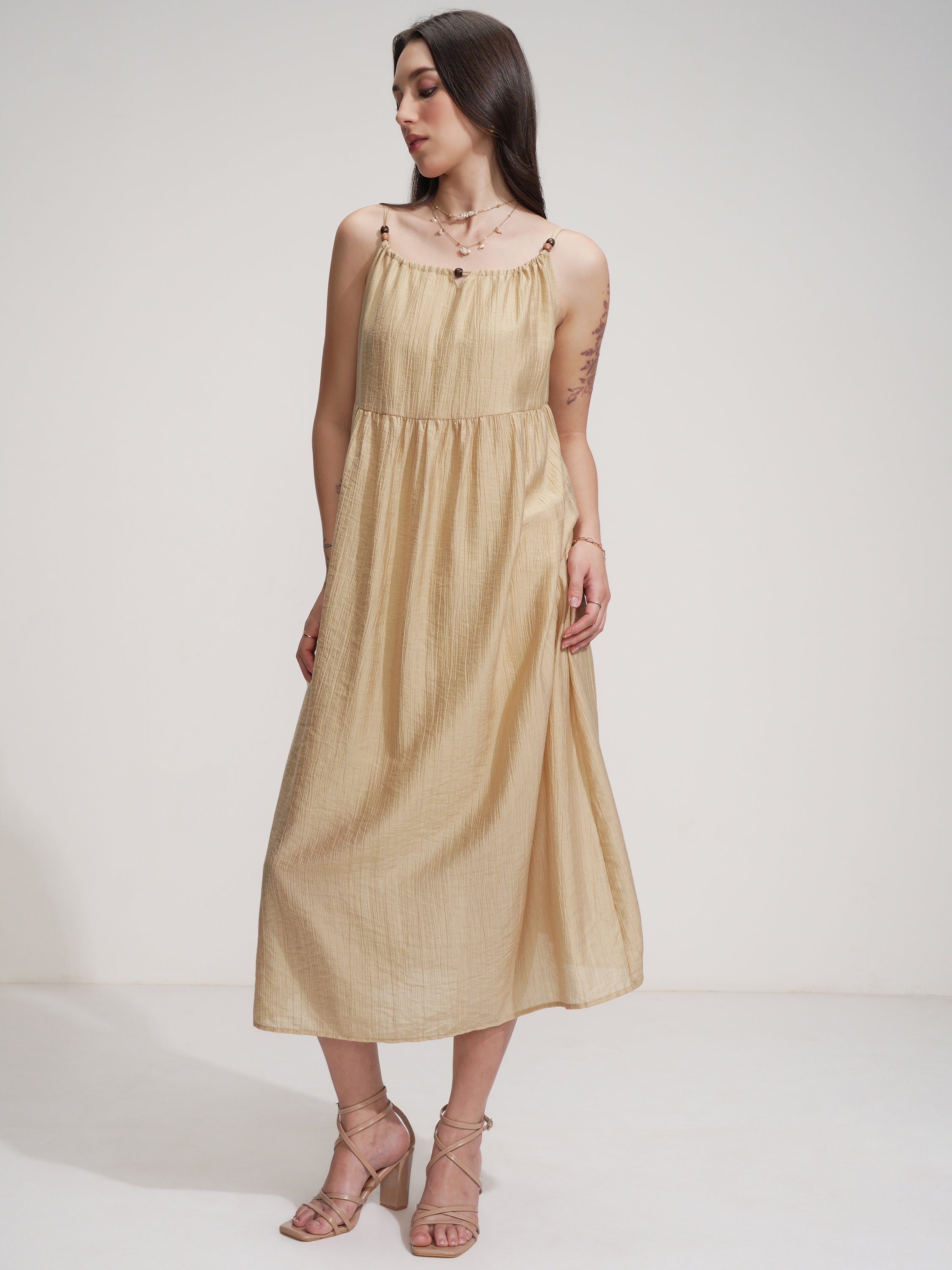Tokyo Talkies Women Beige Solid Fit And Flare Dress - Beige - Image 4