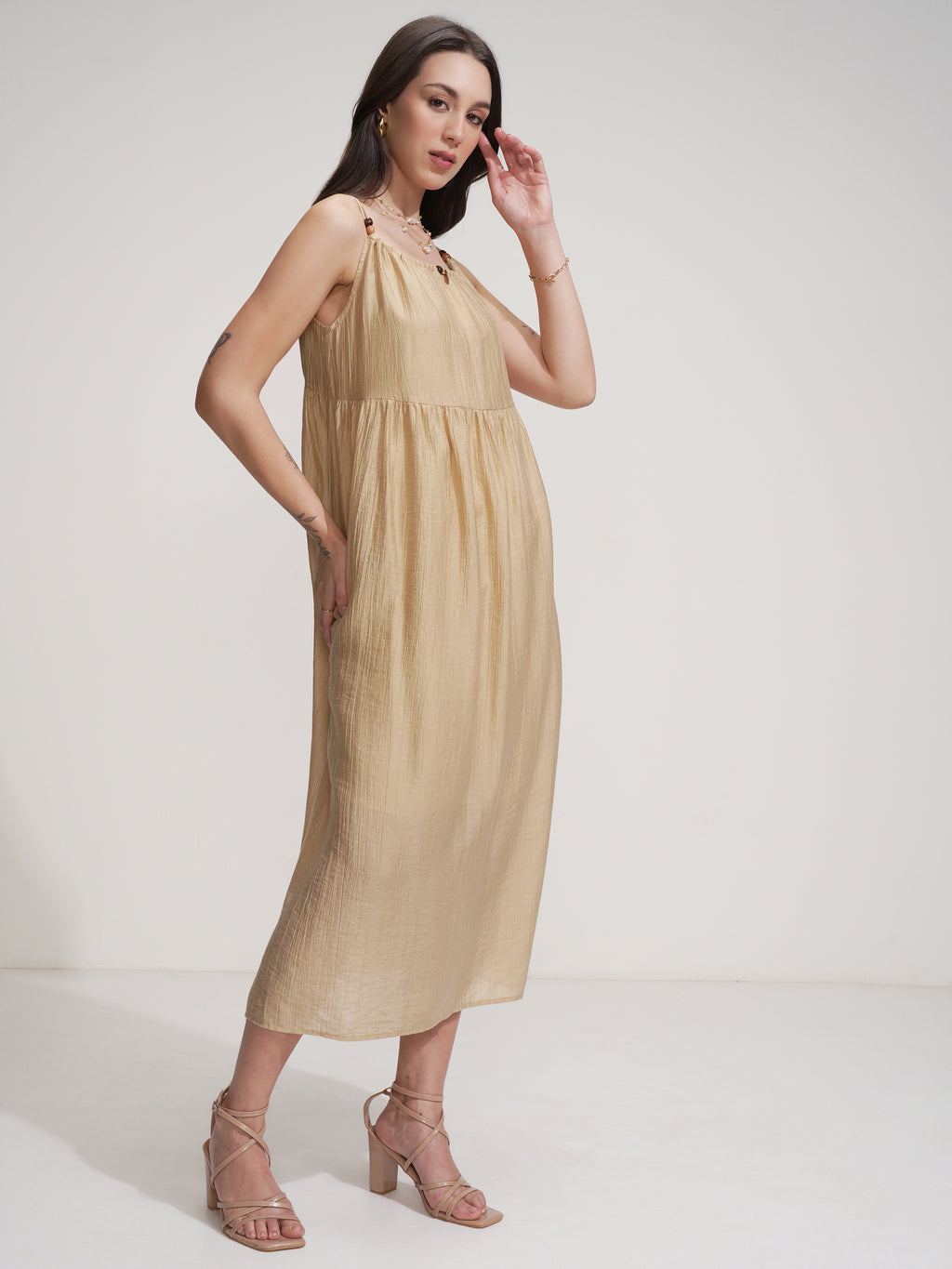 Tokyo Talkies Women Beige Solid Fit And Flare Dress - Beige - Image 6
