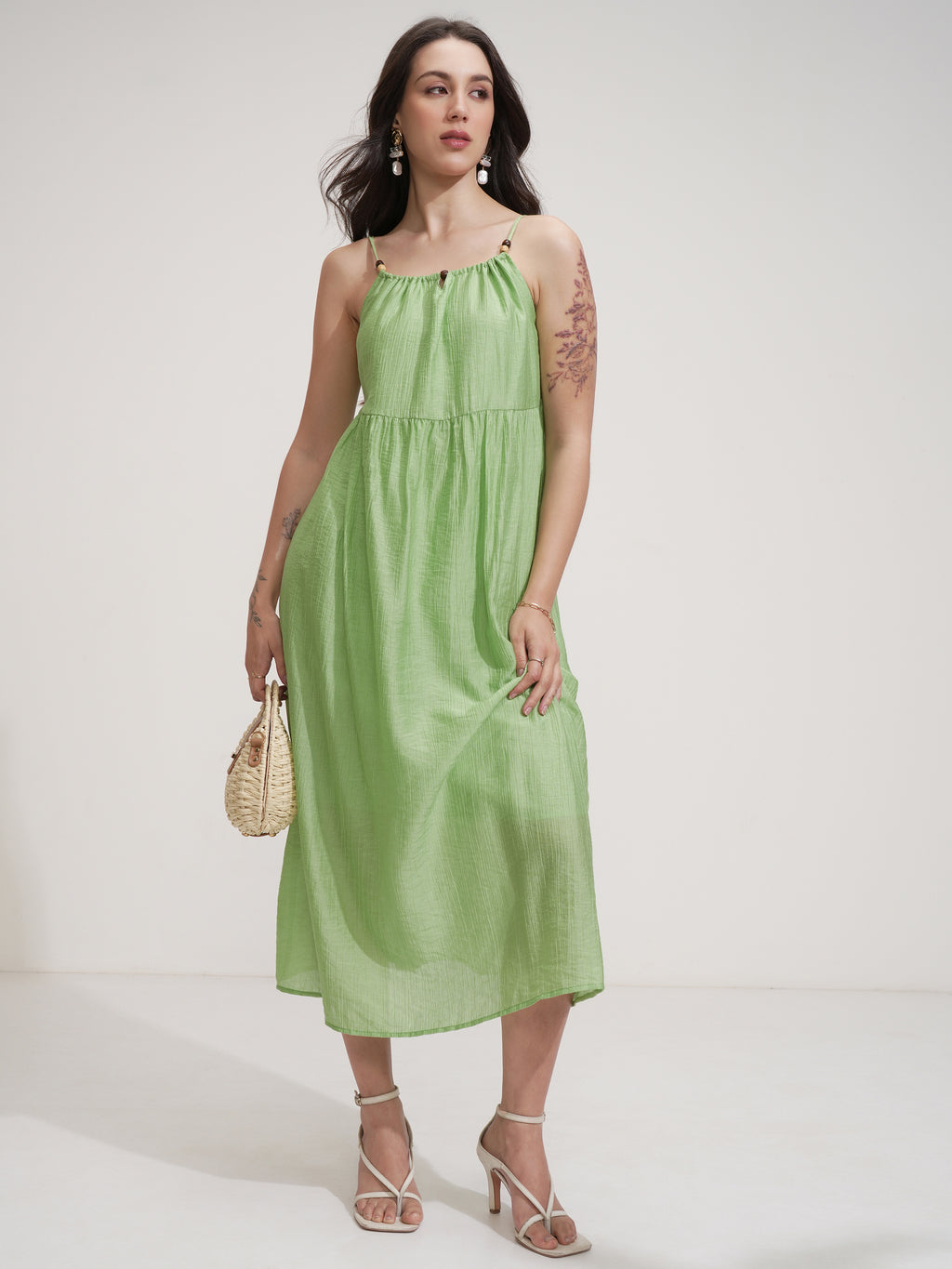 Tokyo Talkies Women Green Solid Fit And Flare Dress - Green - Image 2