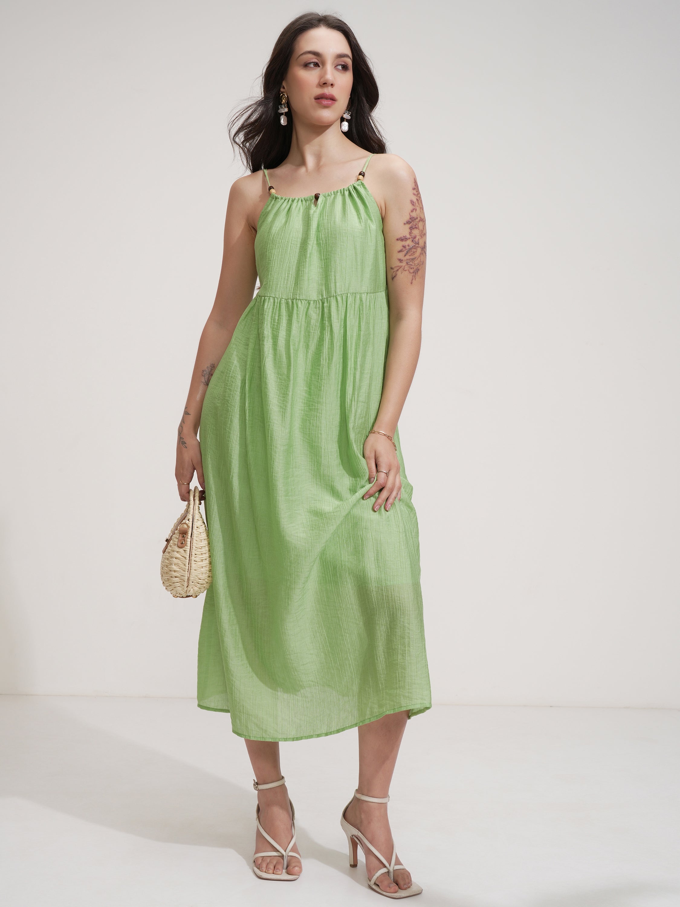 Tokyo Talkies Women Green Solid Fit And Flare Dress - Green - Image 2