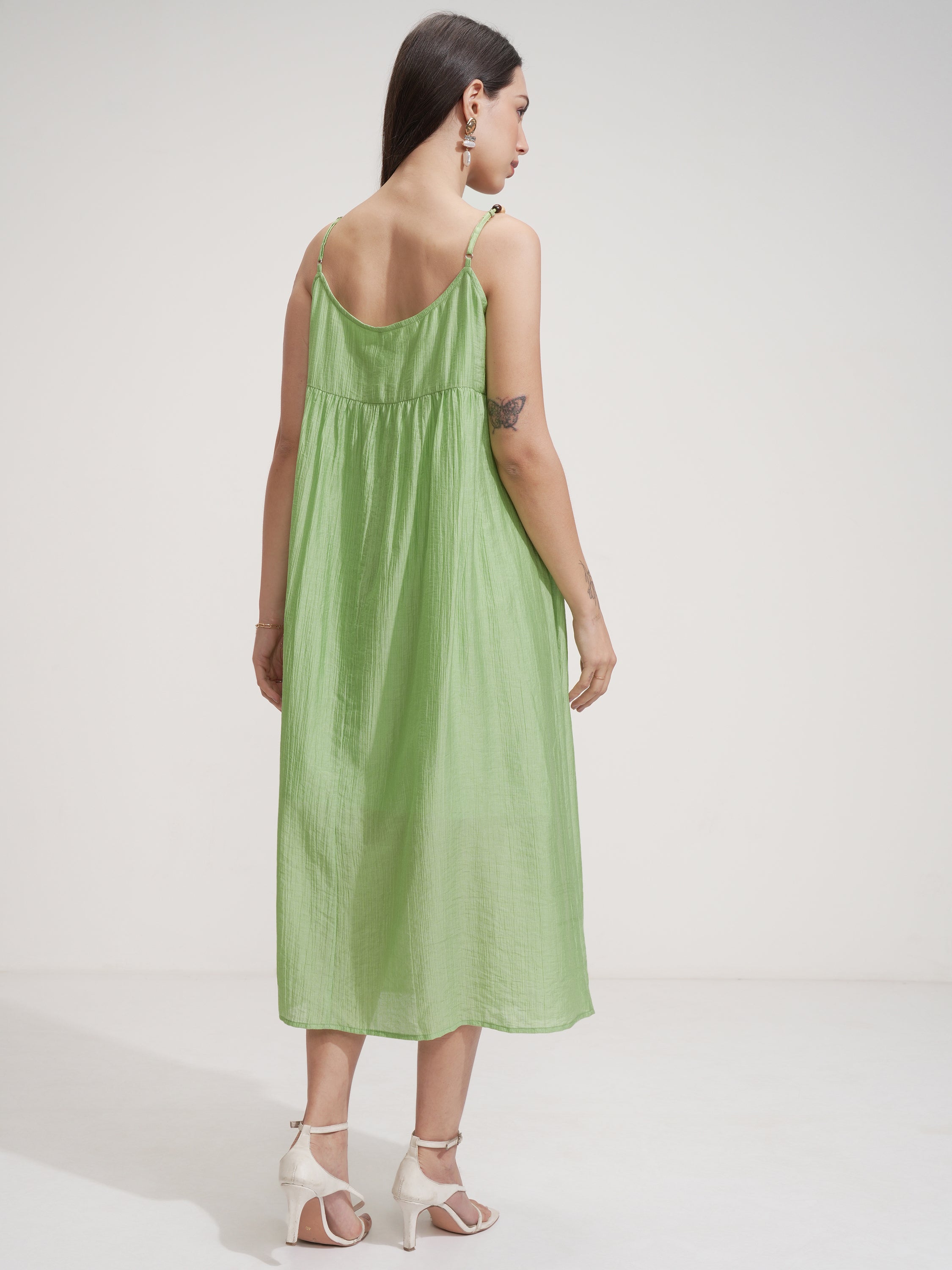 Tokyo Talkies Women Green Solid Fit And Flare Dress - Green - Image 3