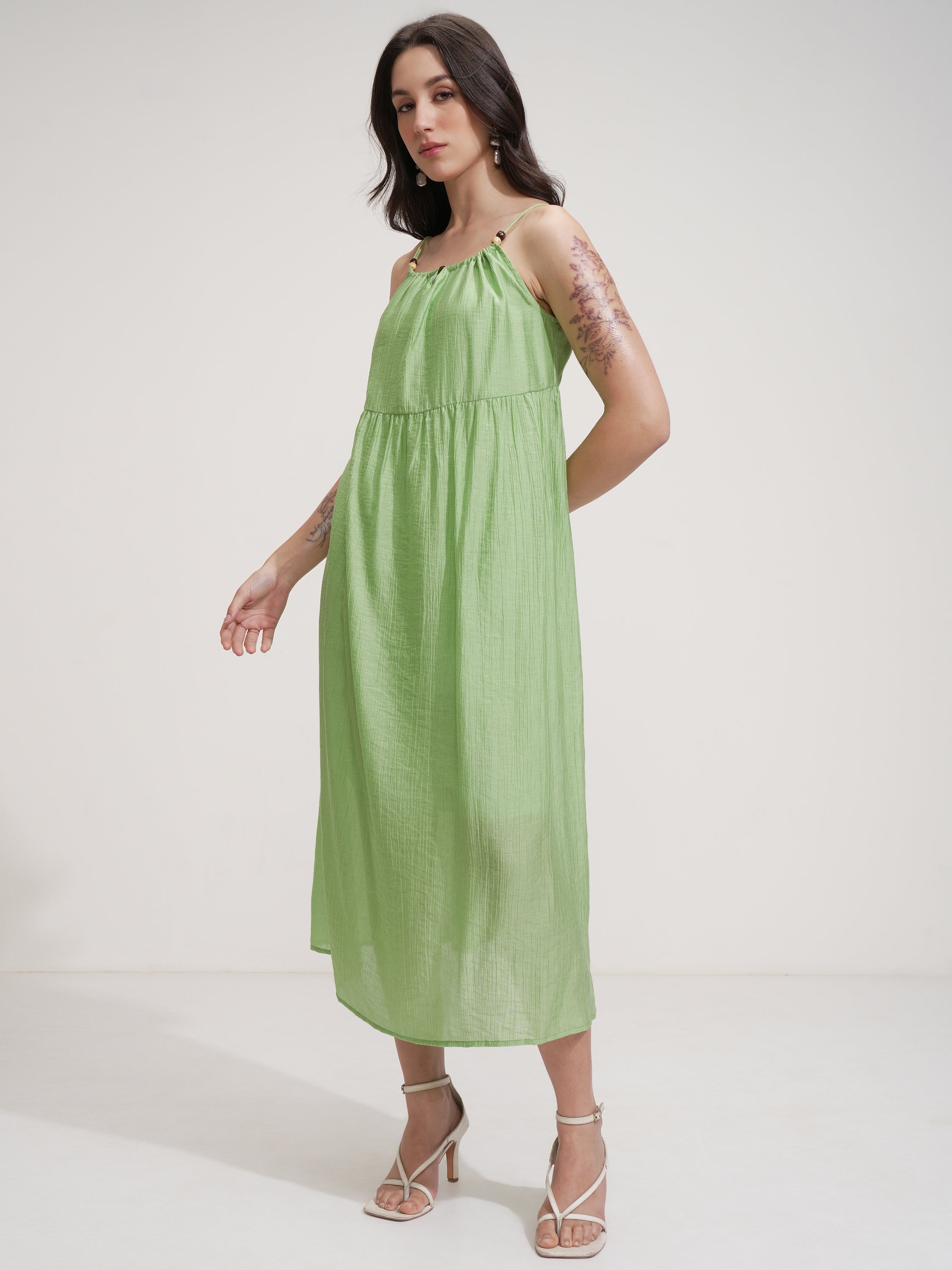 Tokyo Talkies Women Green Solid Fit And Flare Dress - Green - Image 4