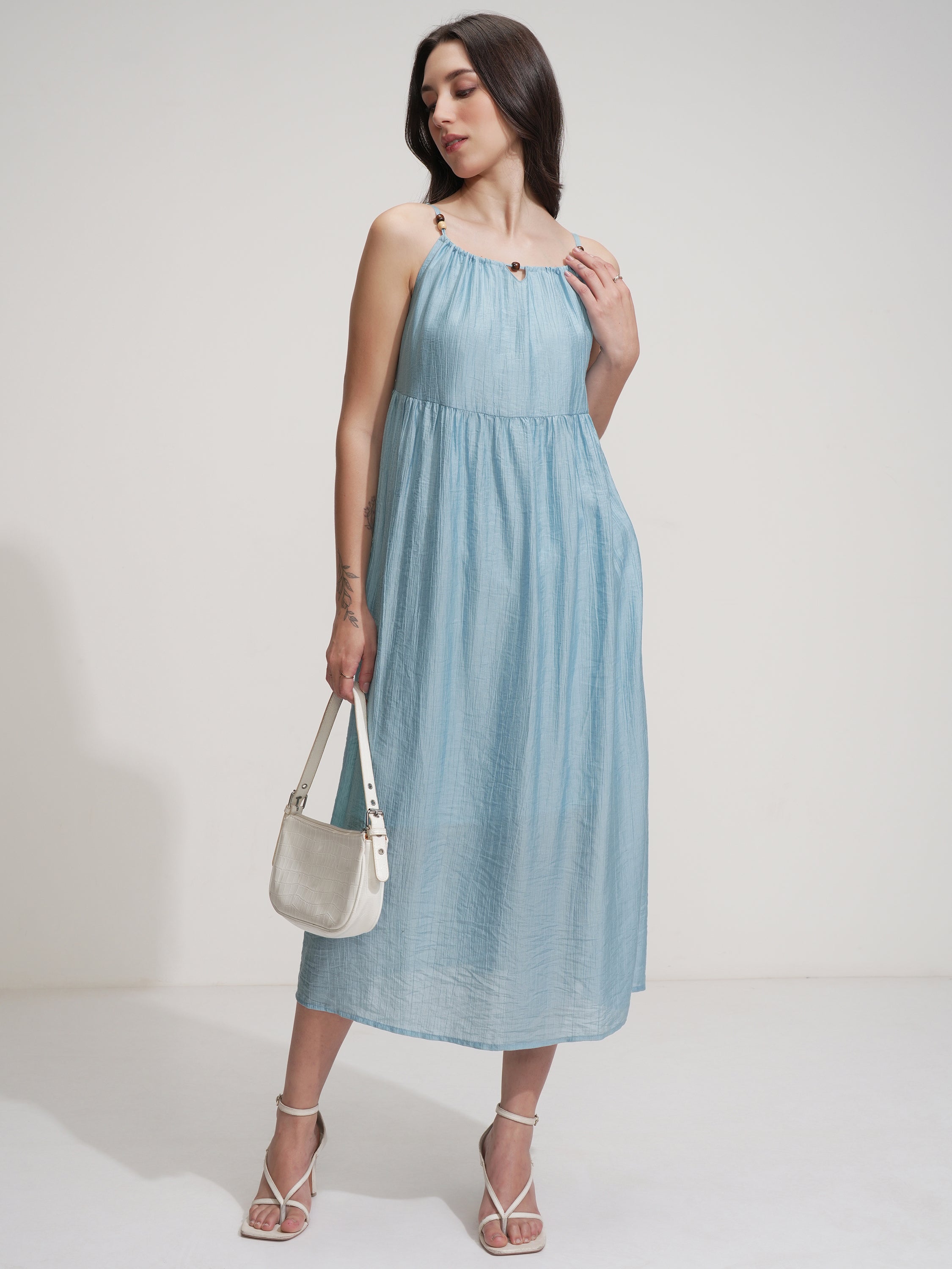 Tokyo Talkies Women Blue Solid Fit And Flare Dress - Blue - Image 2