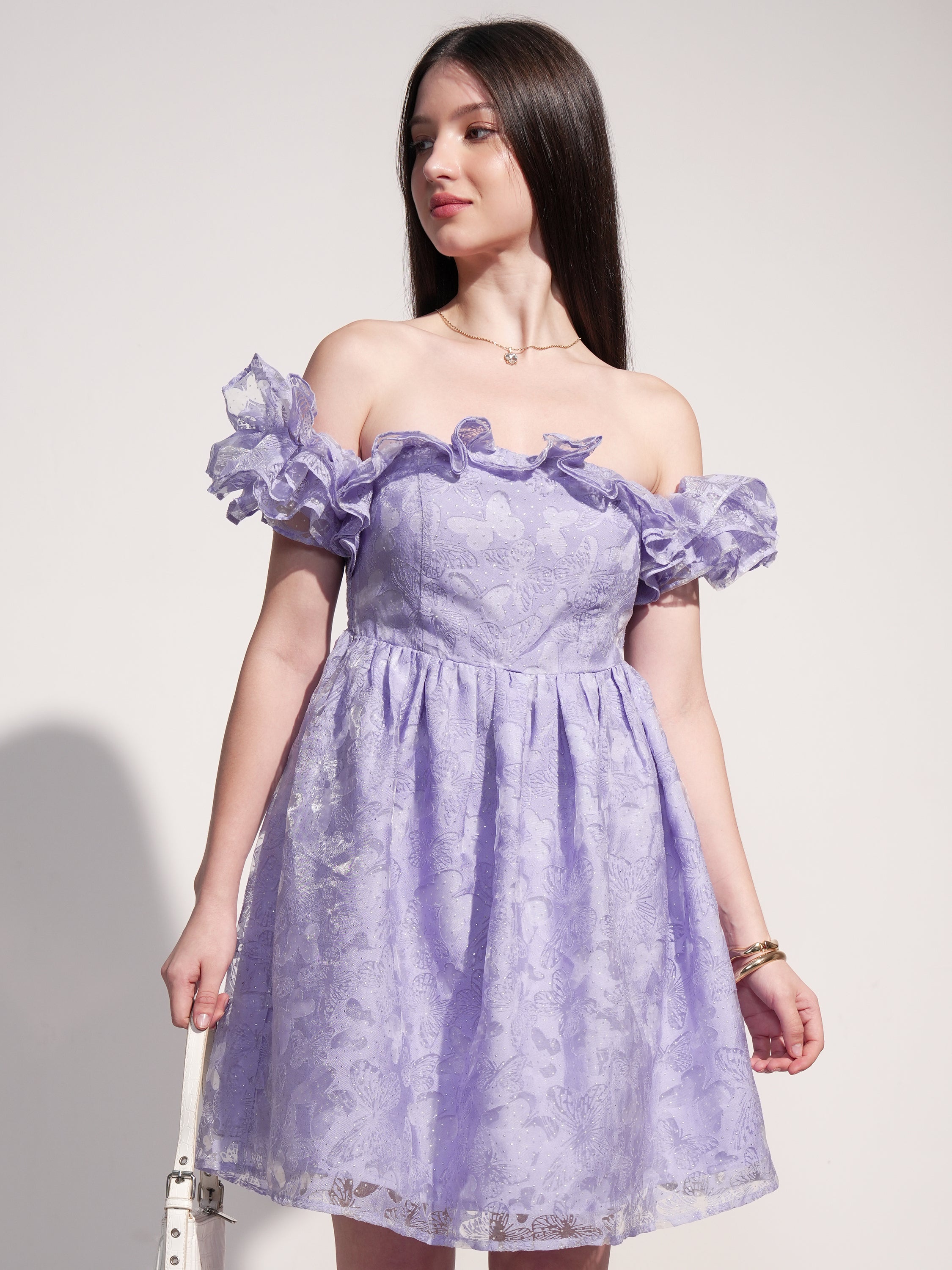 Tokyo Talkies Women Lavender Self Design Fit And Flare Dress - Lavender - Image 1
