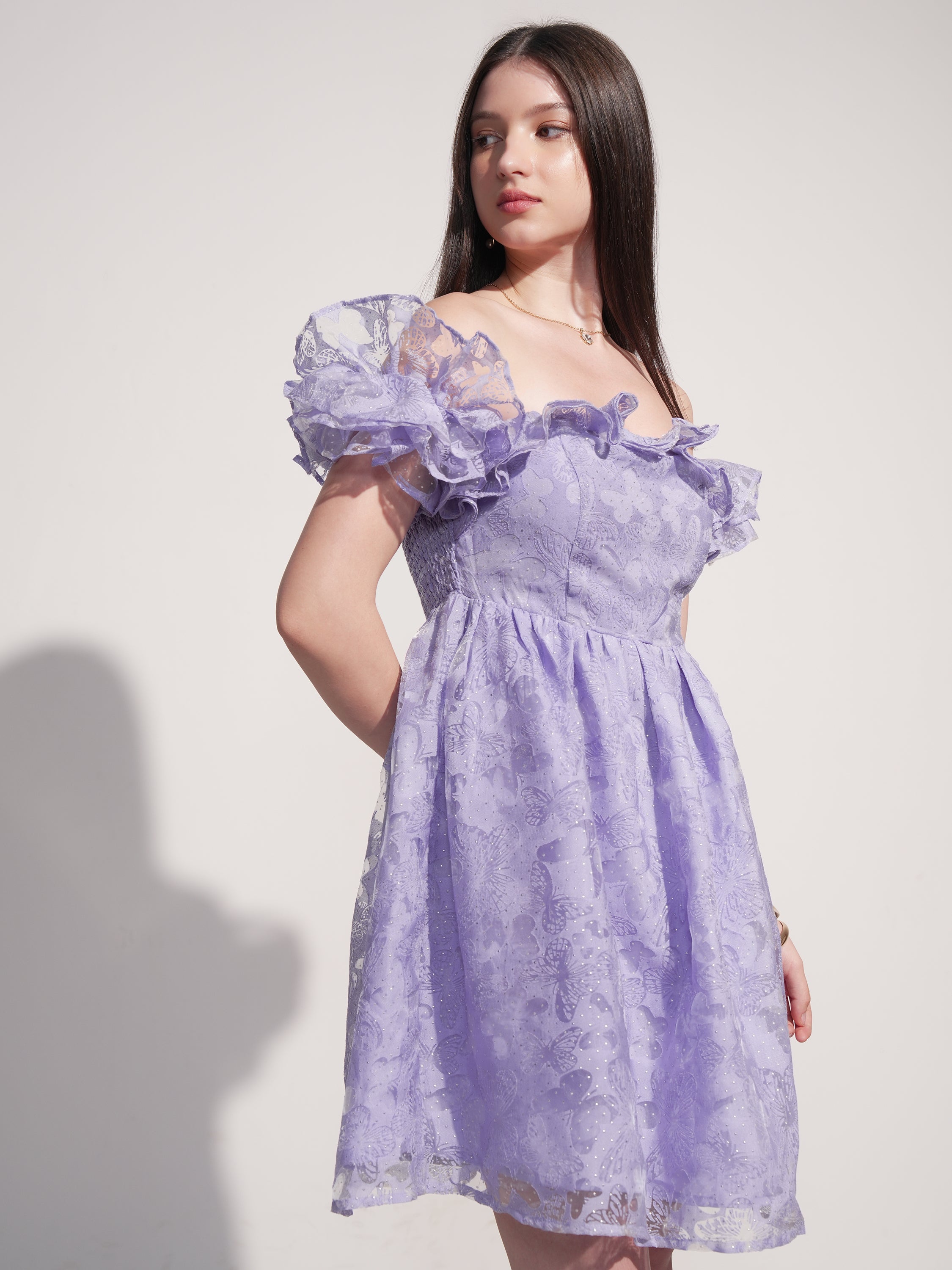 Tokyo Talkies Women Lavender Self Design Fit And Flare Dress - Lavender - Image 6