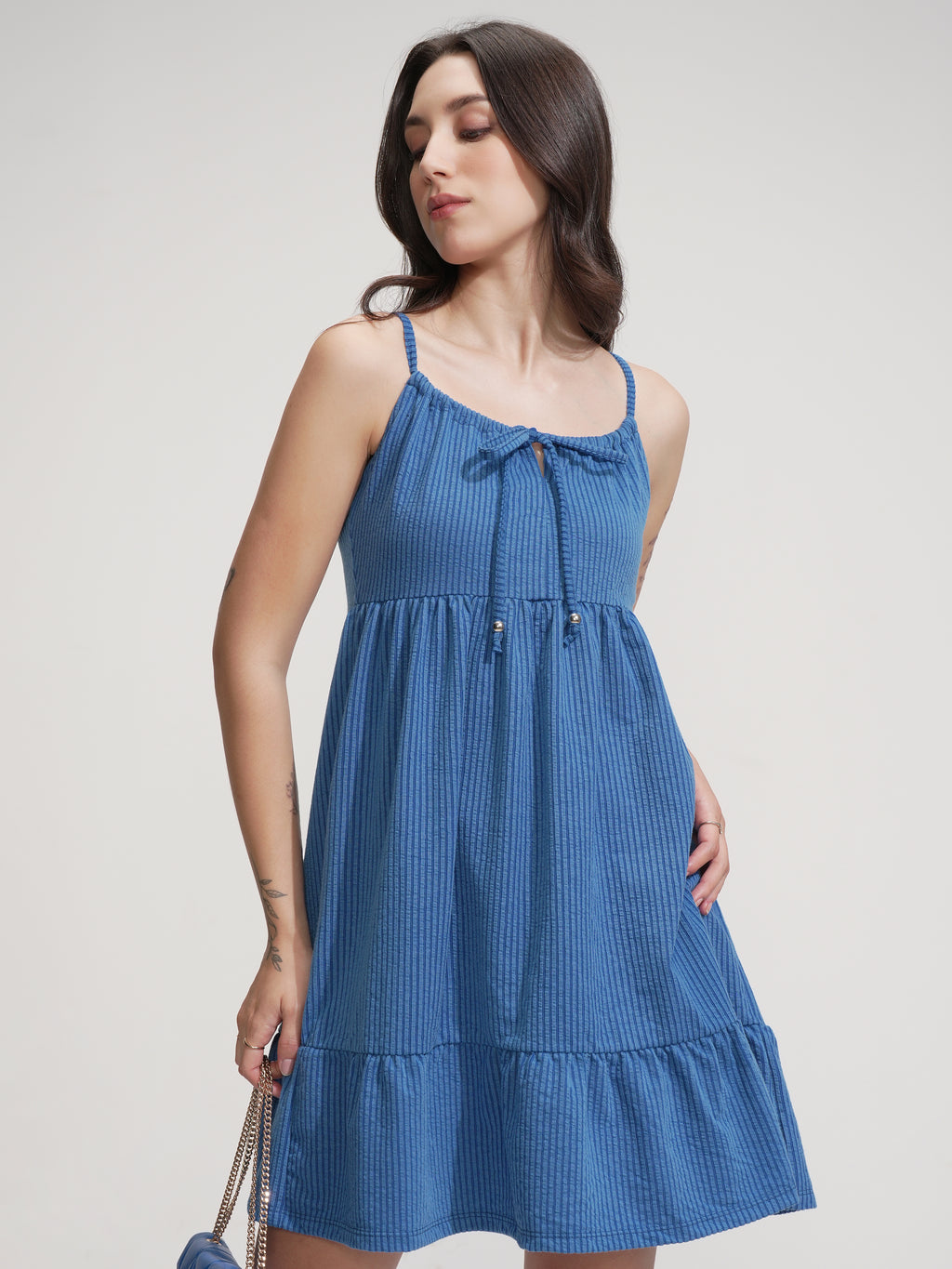 Tokyo Talkies Women Blue Solid Fit And Flare Dress - Blue - Image 1