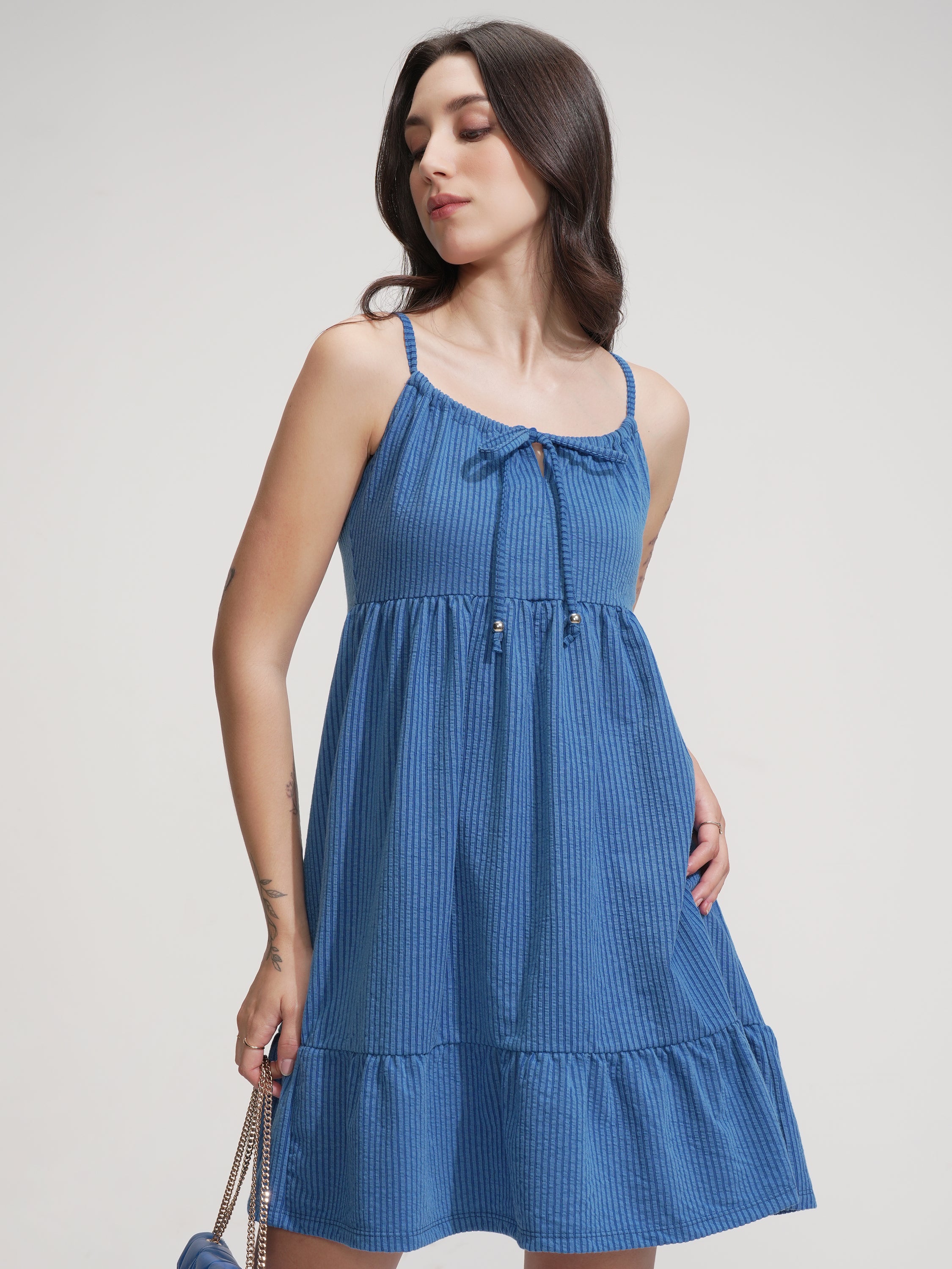 Tokyo Talkies Women Blue Solid Fit And Flare Dress - Blue - Image 1