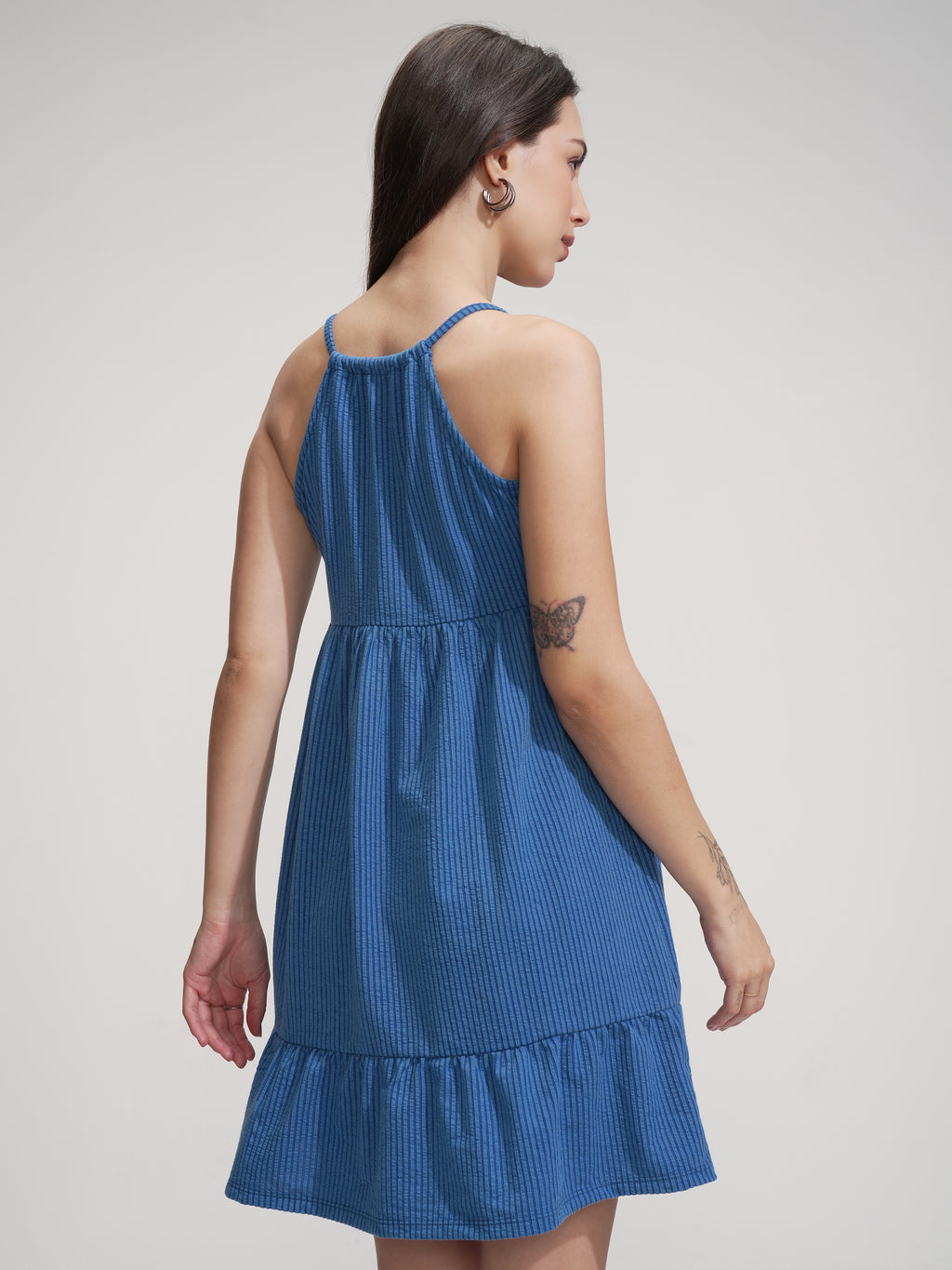 Tokyo Talkies Women Blue Solid Fit And Flare Dress - Blue - Image 3