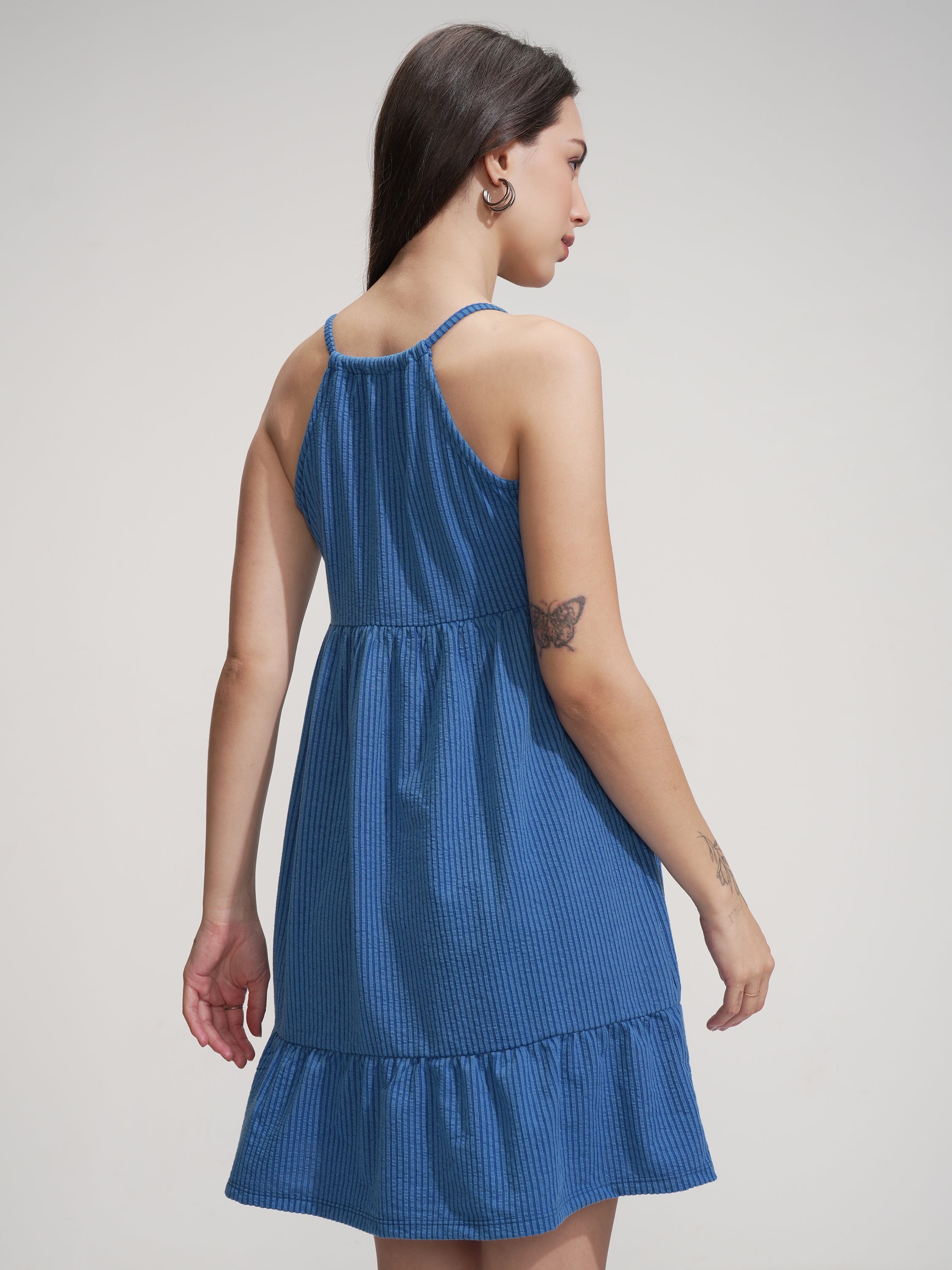 Tokyo Talkies Women Blue Solid Fit And Flare Dress - Blue - Image 3