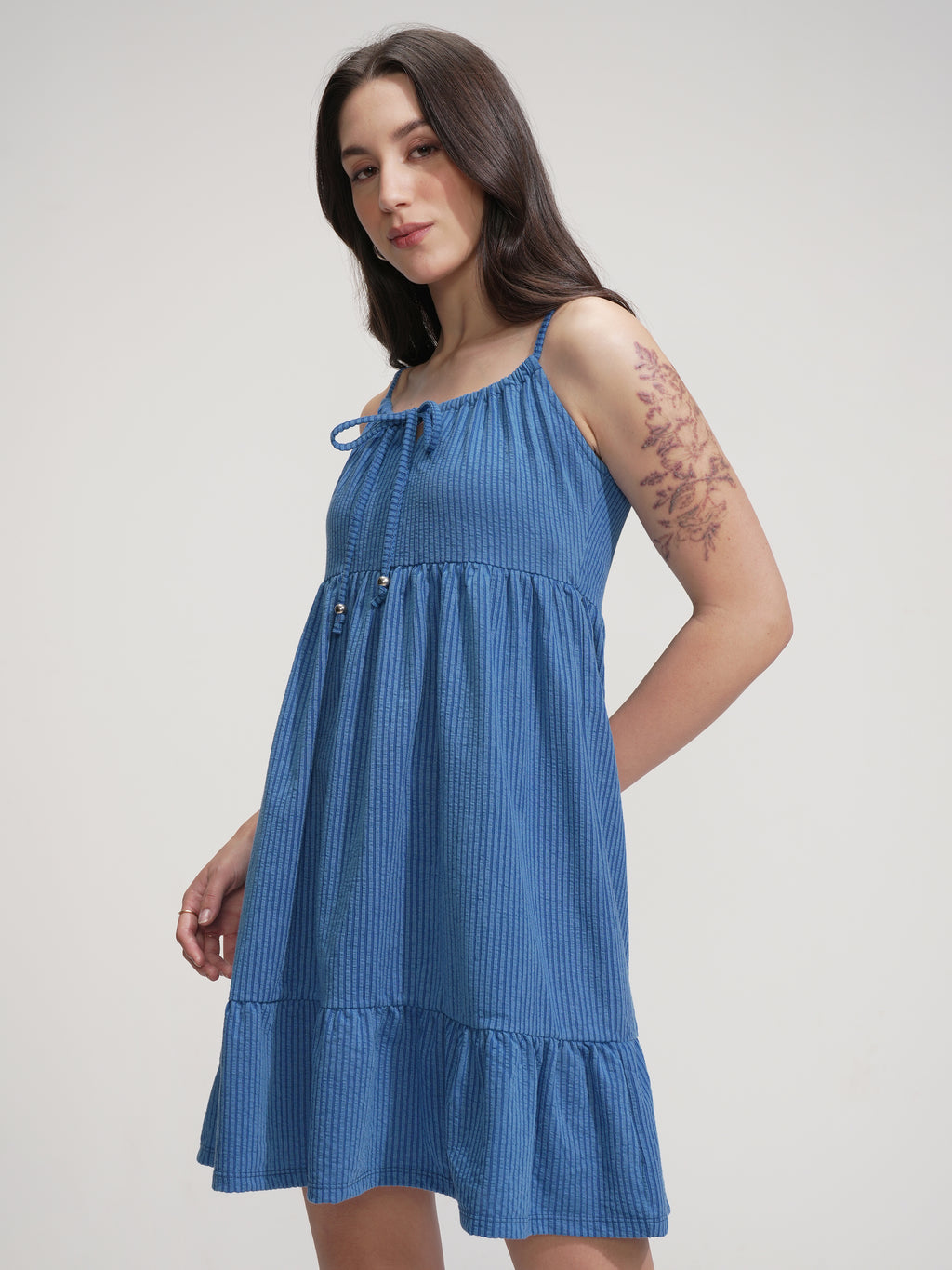 Tokyo Talkies Women Blue Solid Fit And Flare Dress - Blue - Image 4