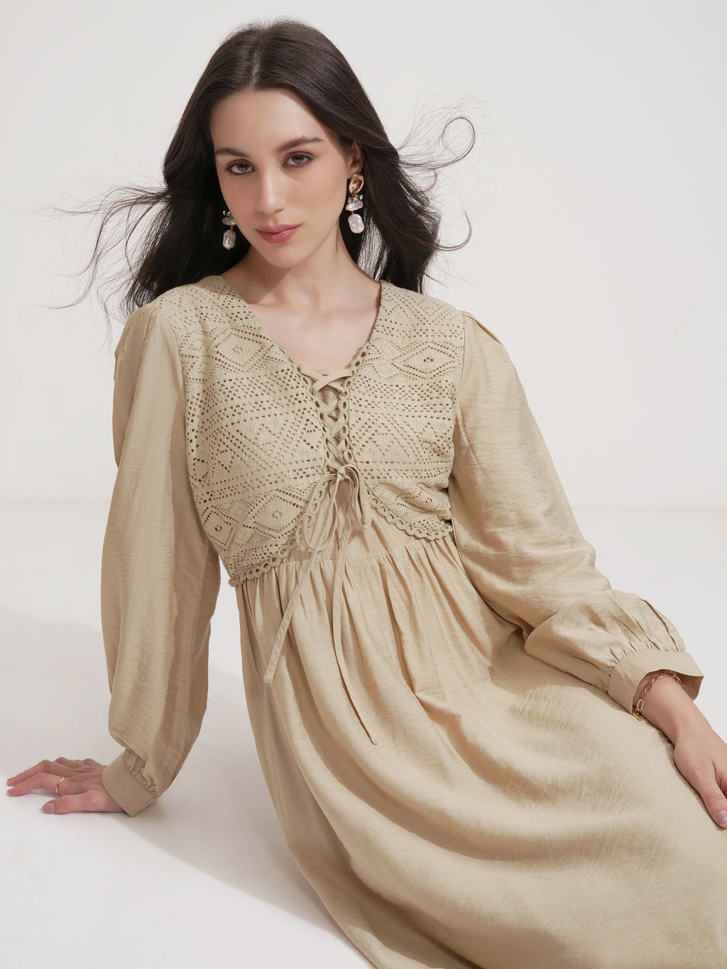 Tokyo Talkies Women Beige Solid Fit And Flare Dress - Beige - Image 1