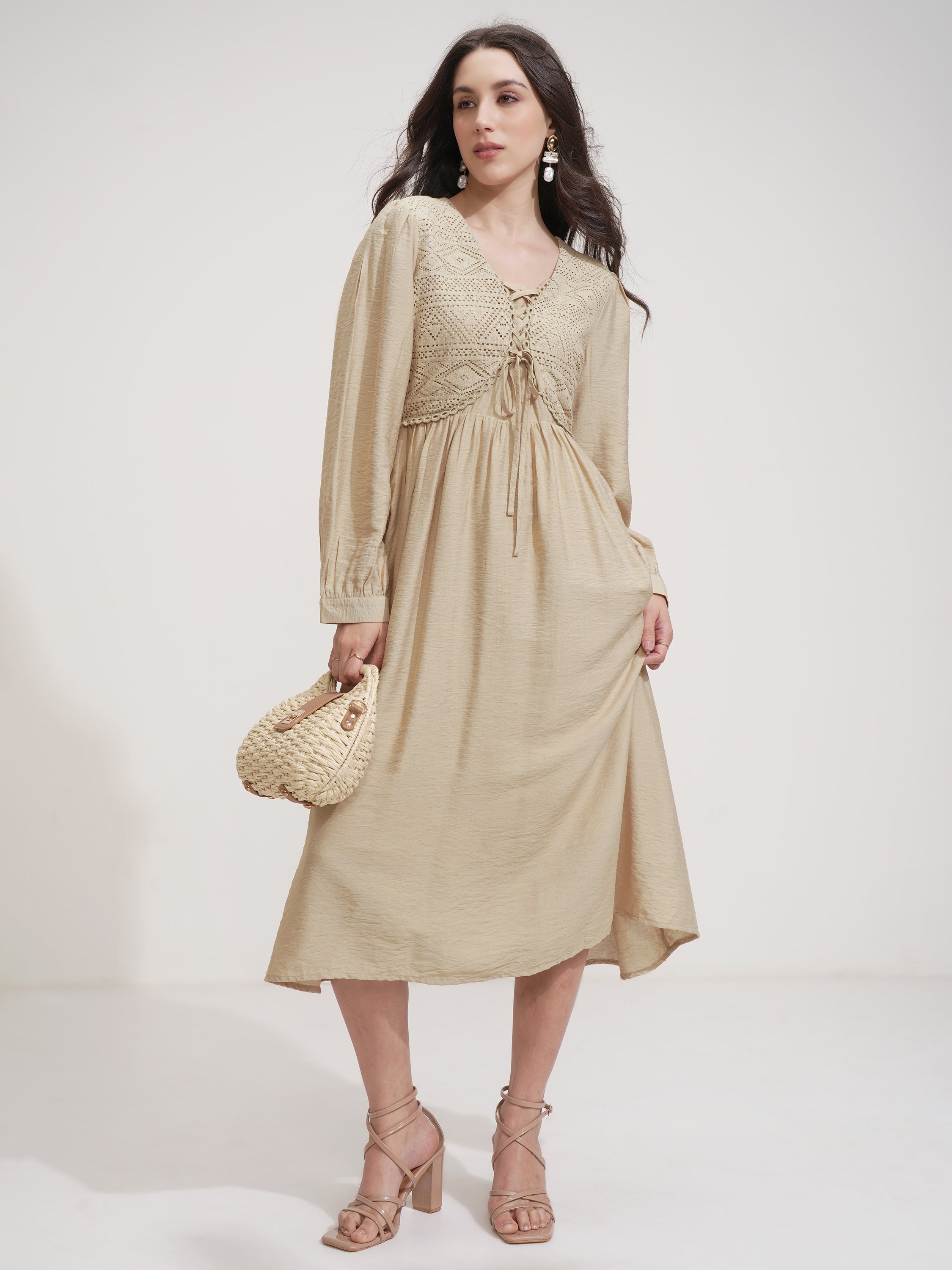 Tokyo Talkies Women Beige Solid Fit And Flare Dress - Beige - Image 2