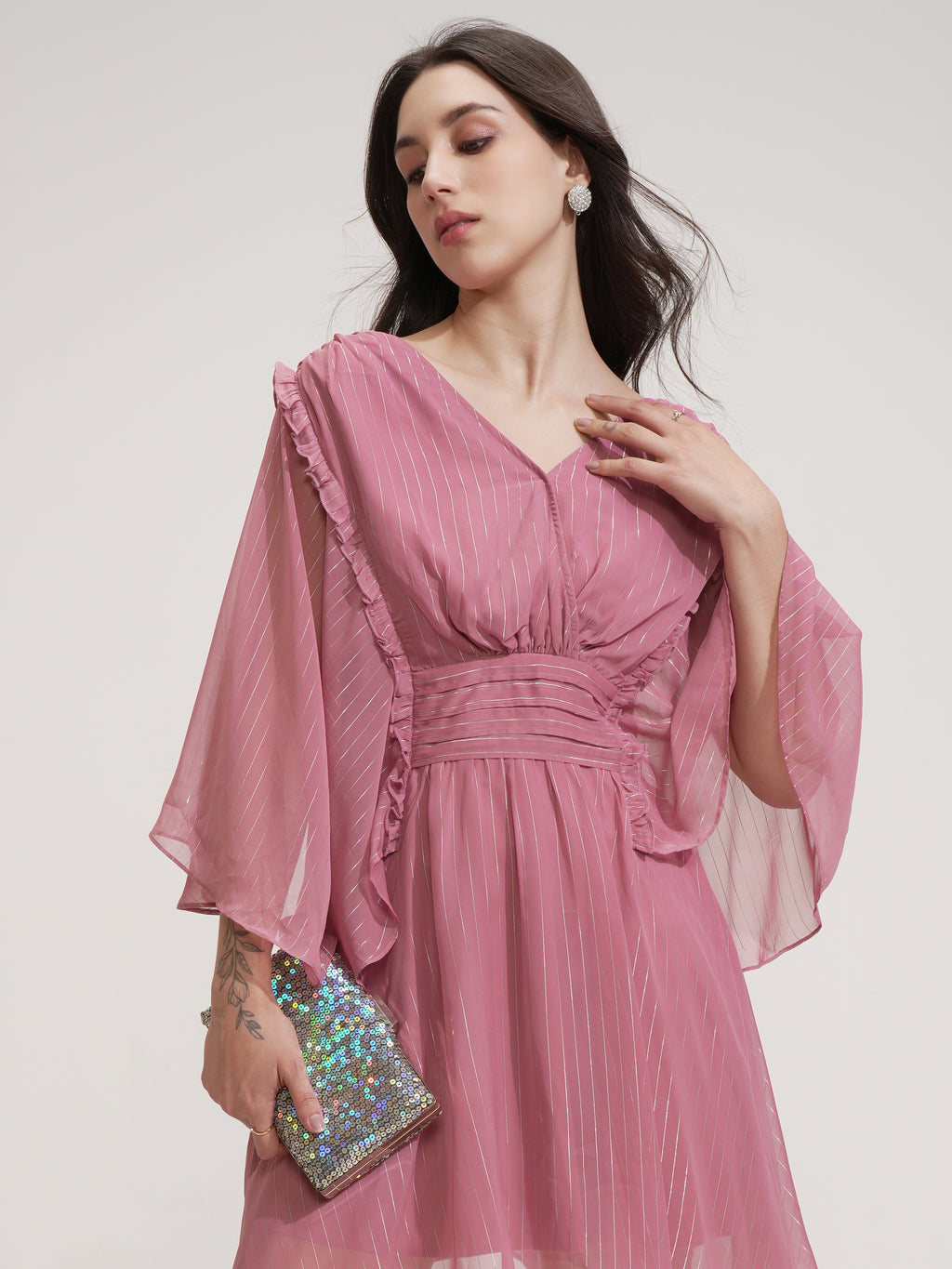 Tokyo Talkies Women Rose Striped Fit And Flare Dress - Rose - Image 1
