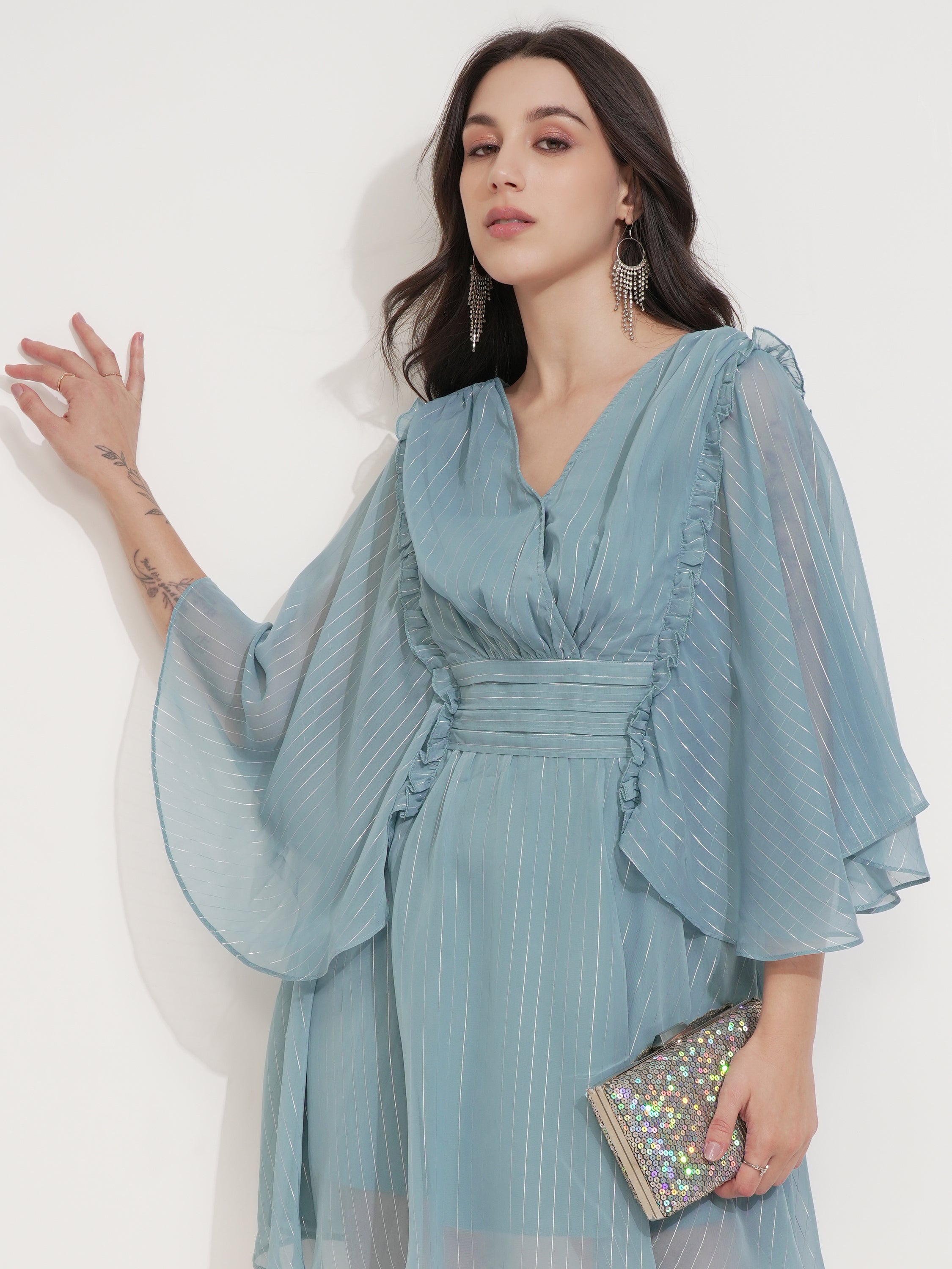 Tokyo Talkies Women Blue Striped Fit And Flare Dress - Blue - Image 1