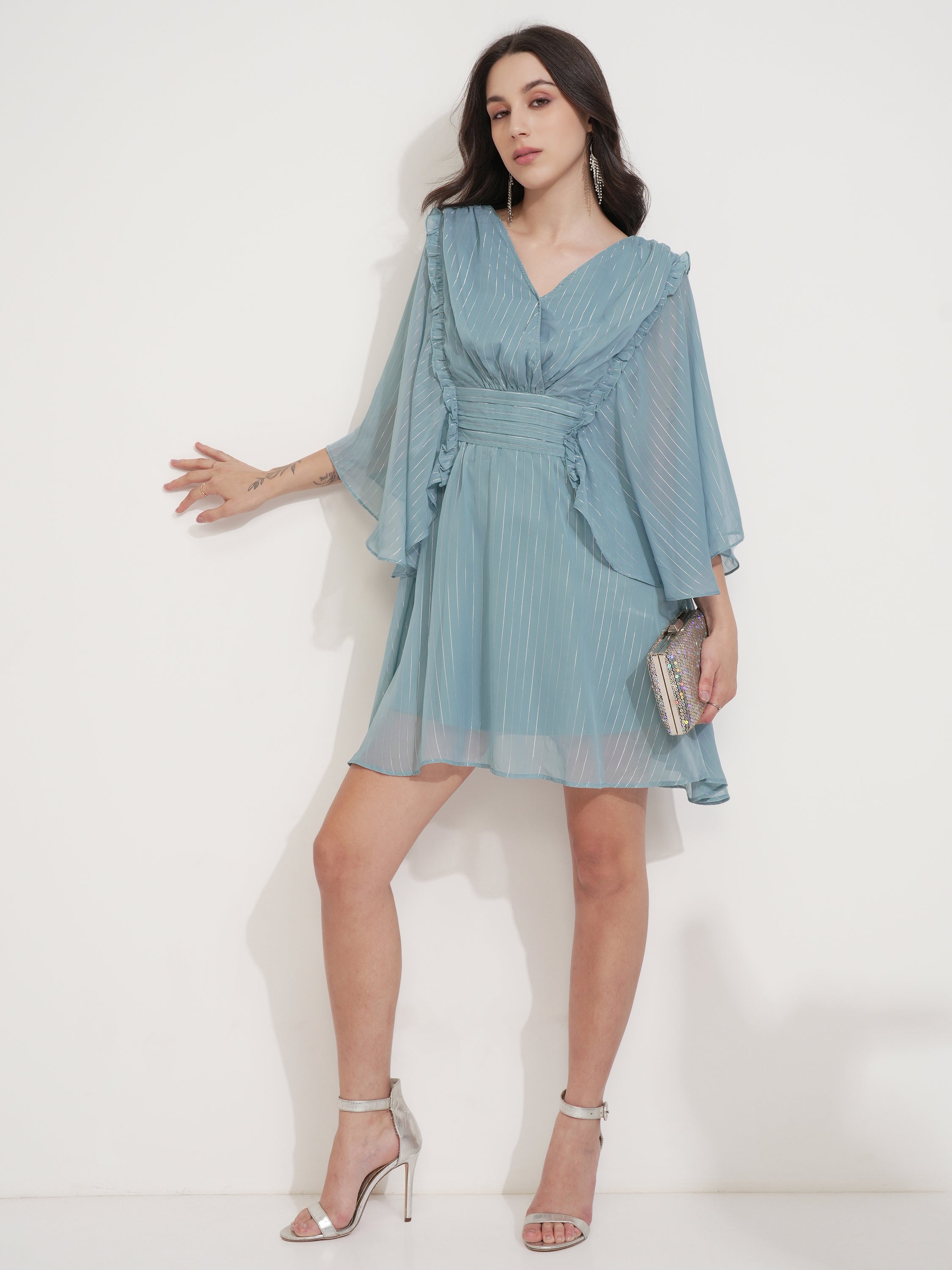 Tokyo Talkies Women Blue Striped Fit And Flare Dress - Blue - Image 2