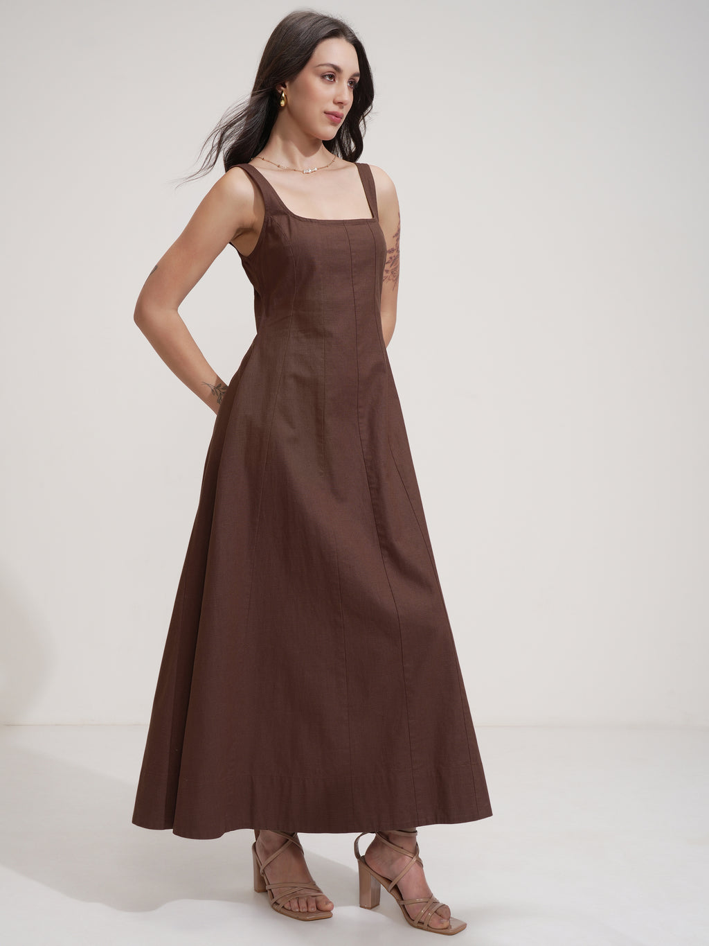 Tokyo Talkies Women Brown Solid Fit And Flare Dress - Brown - Image 6
