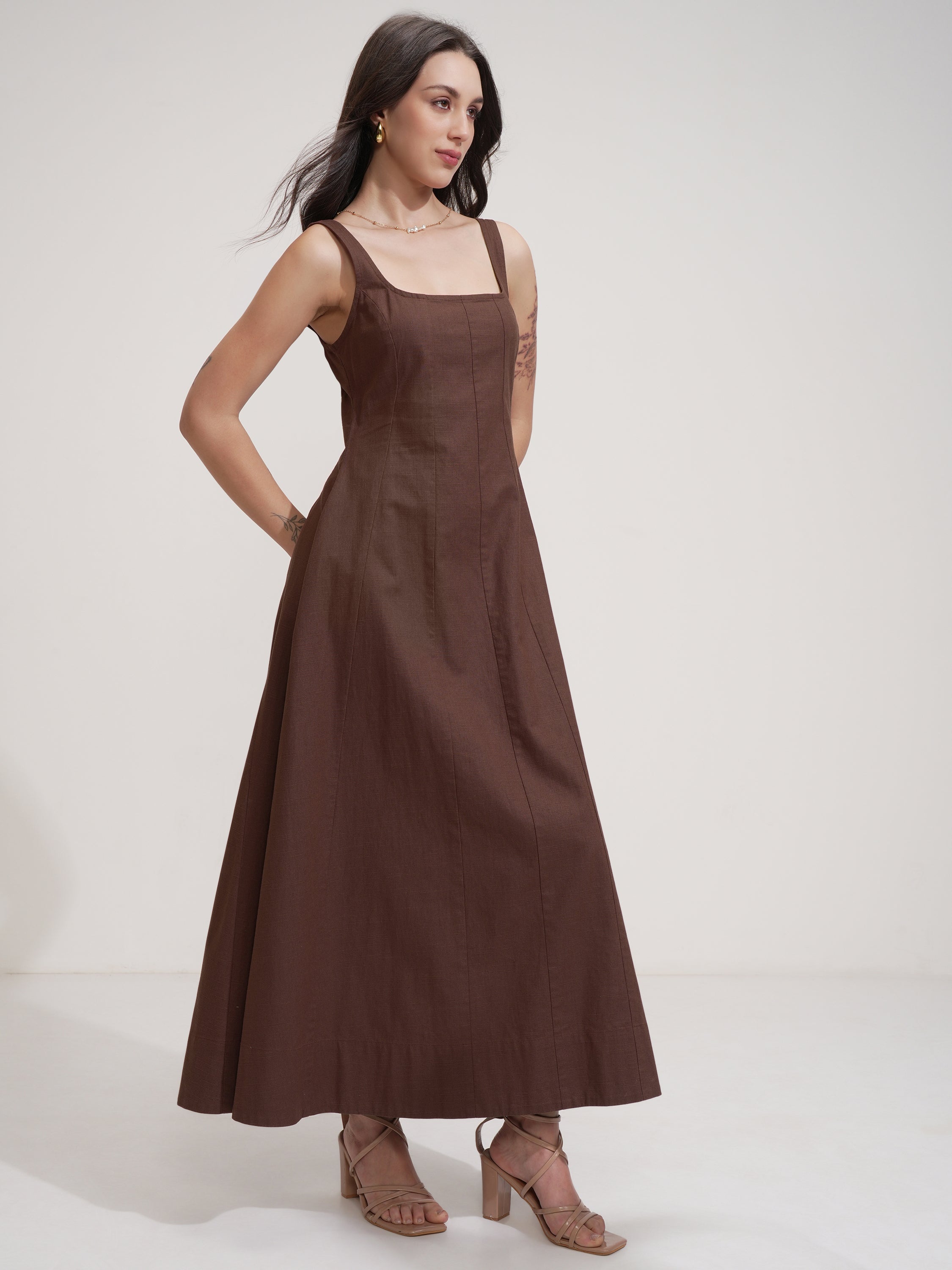 Tokyo Talkies Women Brown Solid Fit And Flare Dress - Brown - Image 6