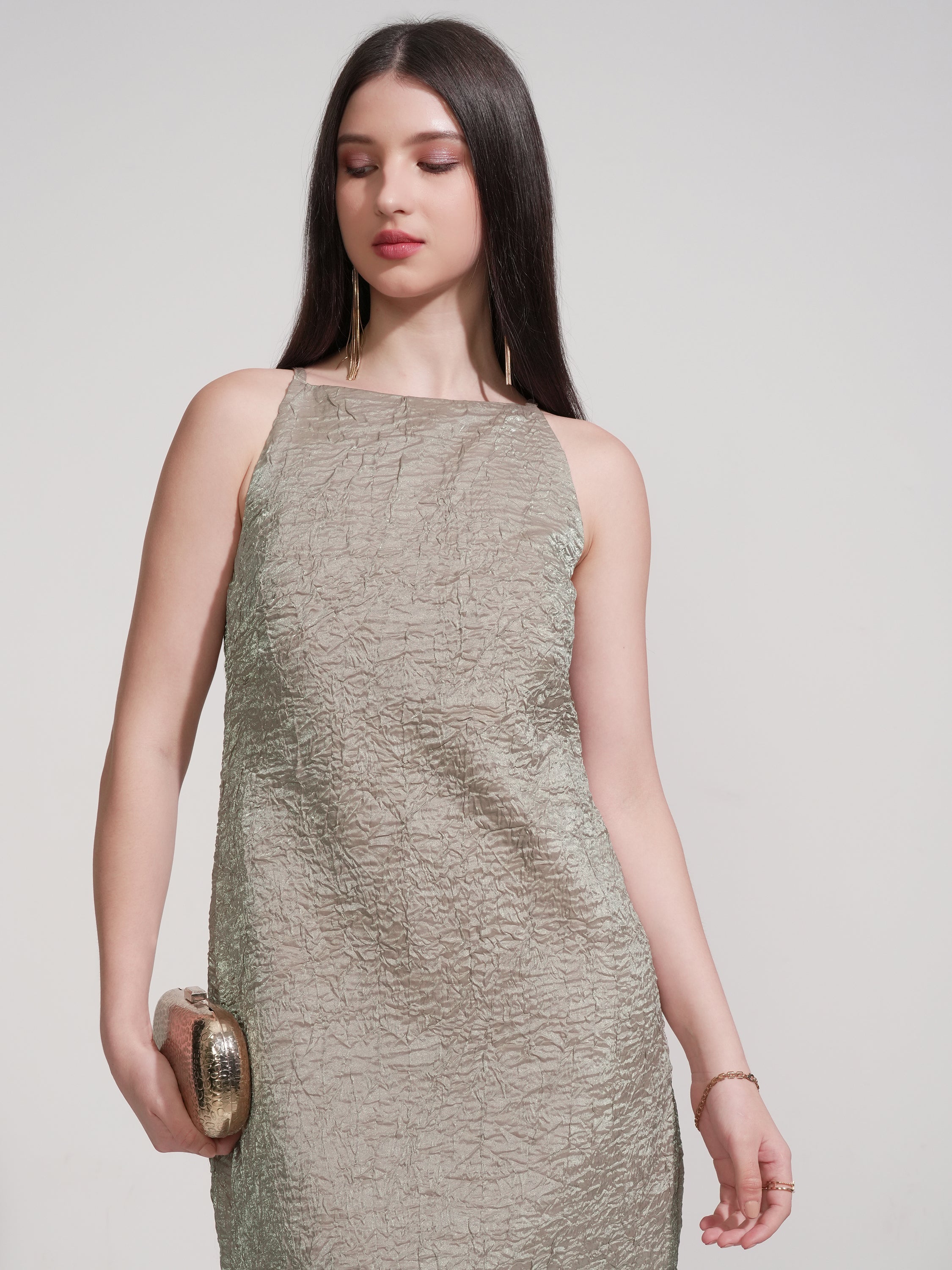 Tokyo Talkies Women Tan Self Design Fit And Flare Dress - Tan - Image 1