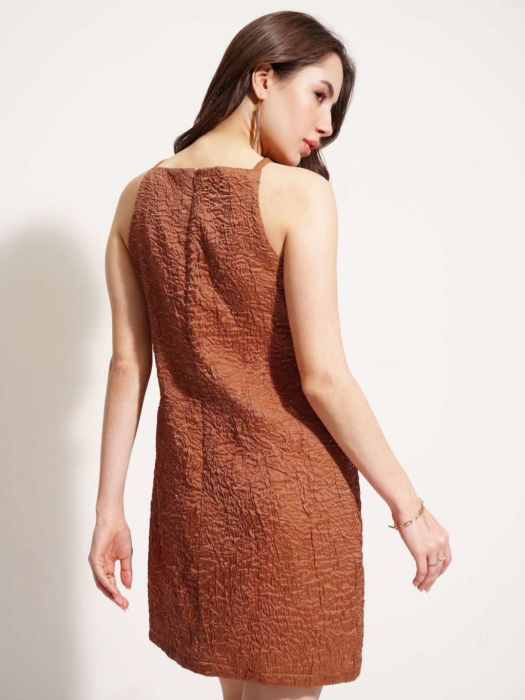 Tokyo Talkies Women Brown Self Design A-Line Dress - Brown - Image 3