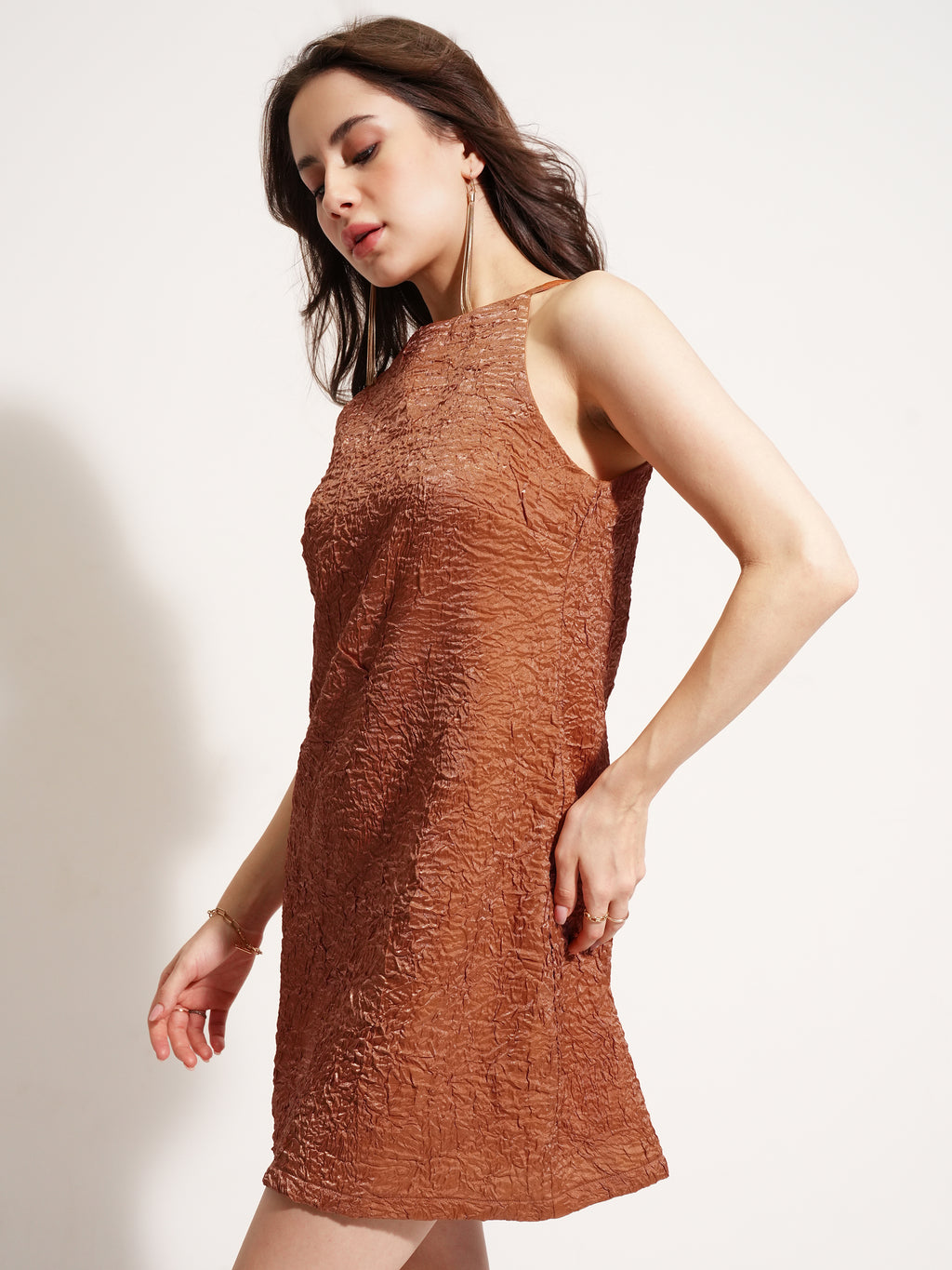 Tokyo Talkies Women Brown Self Design A-Line Dress - Brown - Image 4