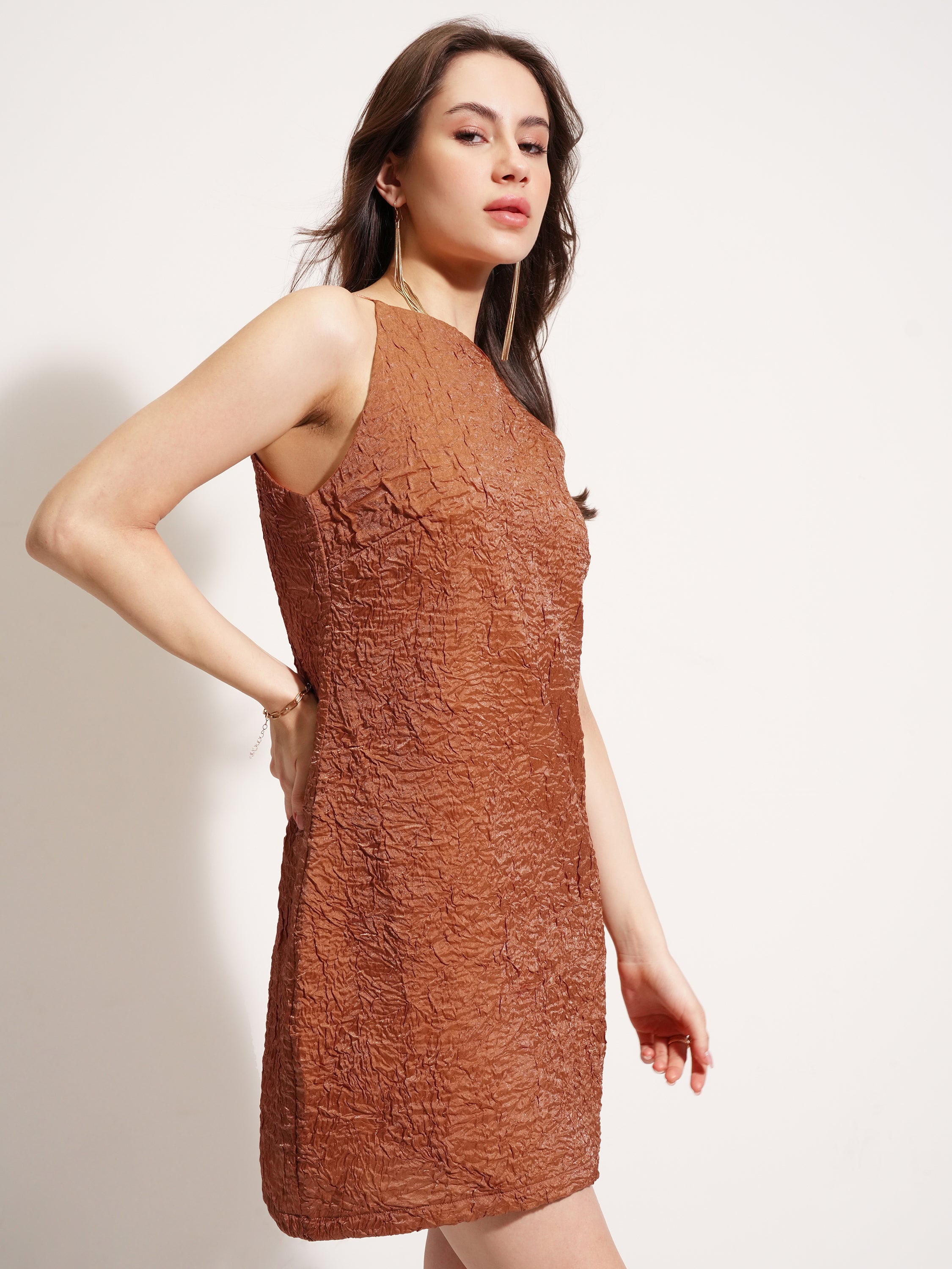 Tokyo Talkies Women Brown Self Design A-Line Dress - Brown - Image 6