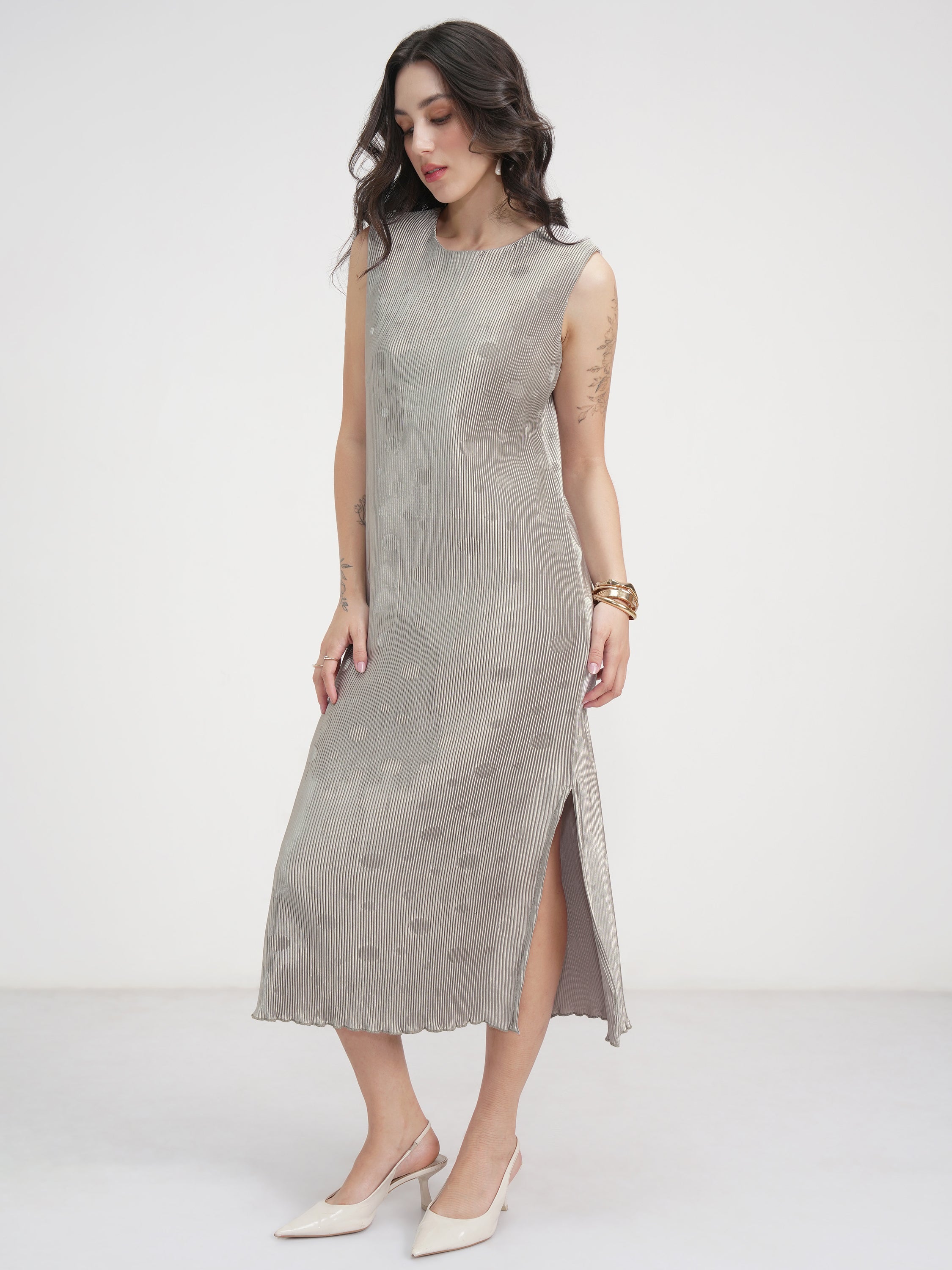 Tokyo Talkies Women Silver Printed A-Line Dress - Silver - Image 4