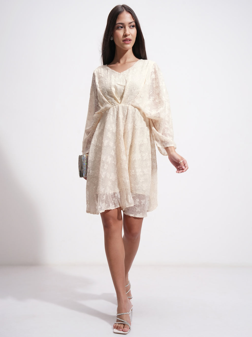 Tokyo Talkies Women Cream Self Design A-Line Dress - Cream - Image 2