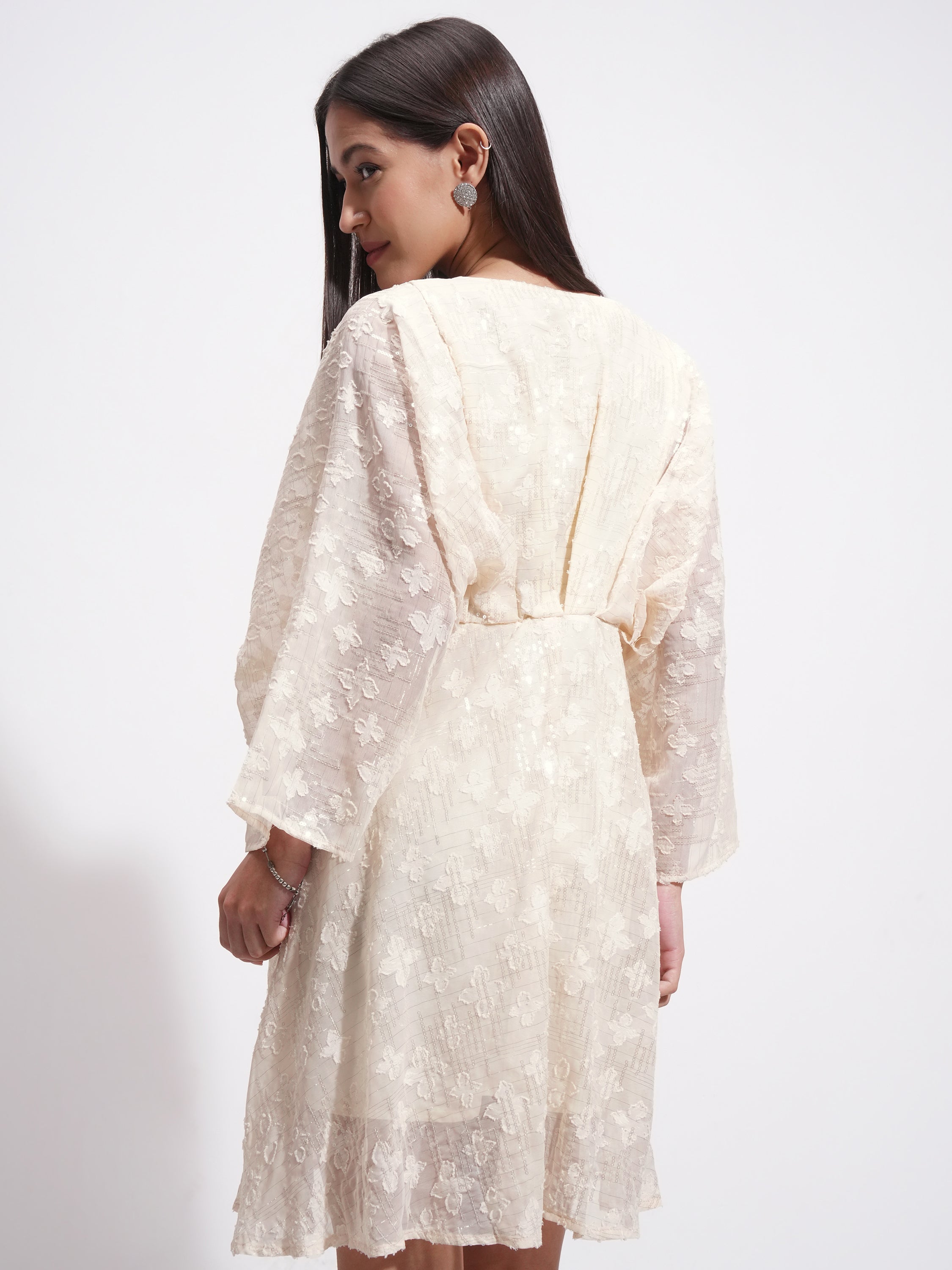 Tokyo Talkies Women Cream Self Design A-Line Dress - Cream - Image 3